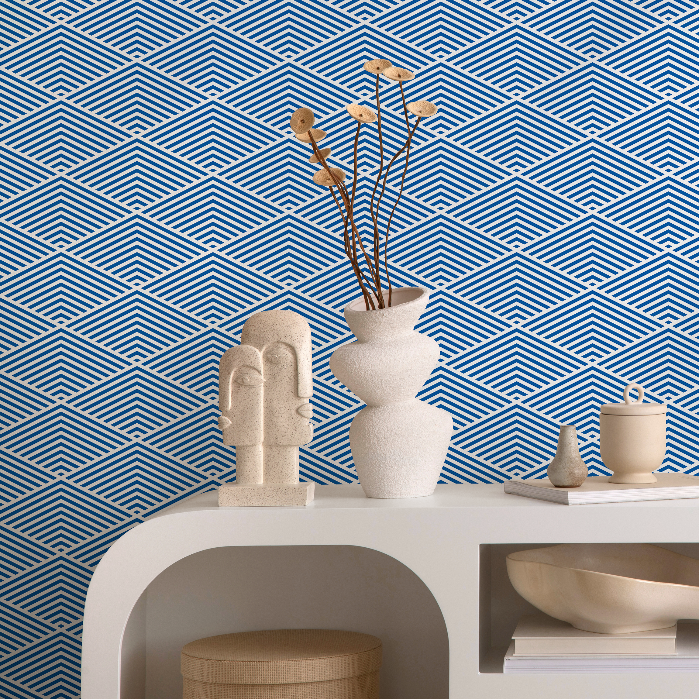 Geometric Wallpaper With A Layered Chevron Motif In Blue And White - B796