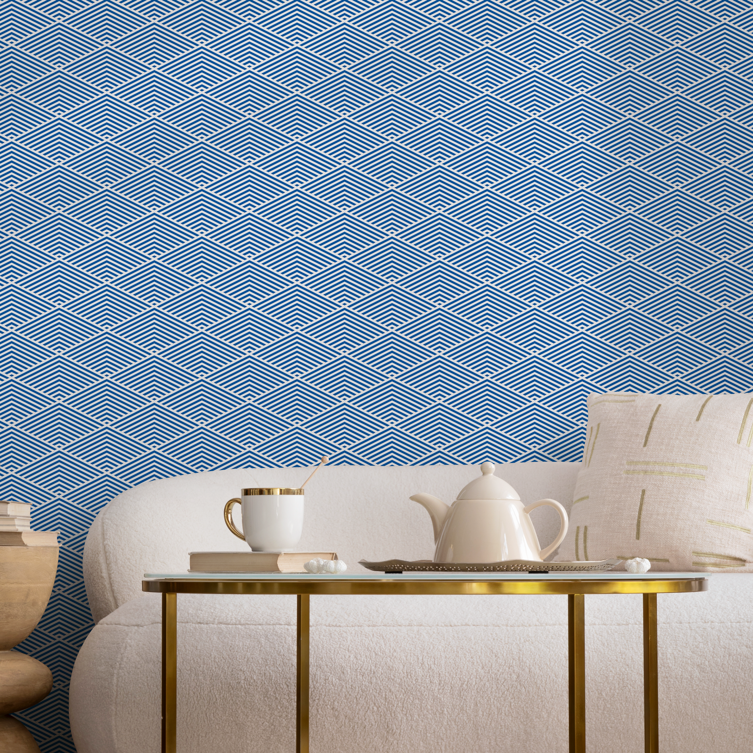 Geometric Wallpaper With A Layered Chevron Motif In Blue And White - B796