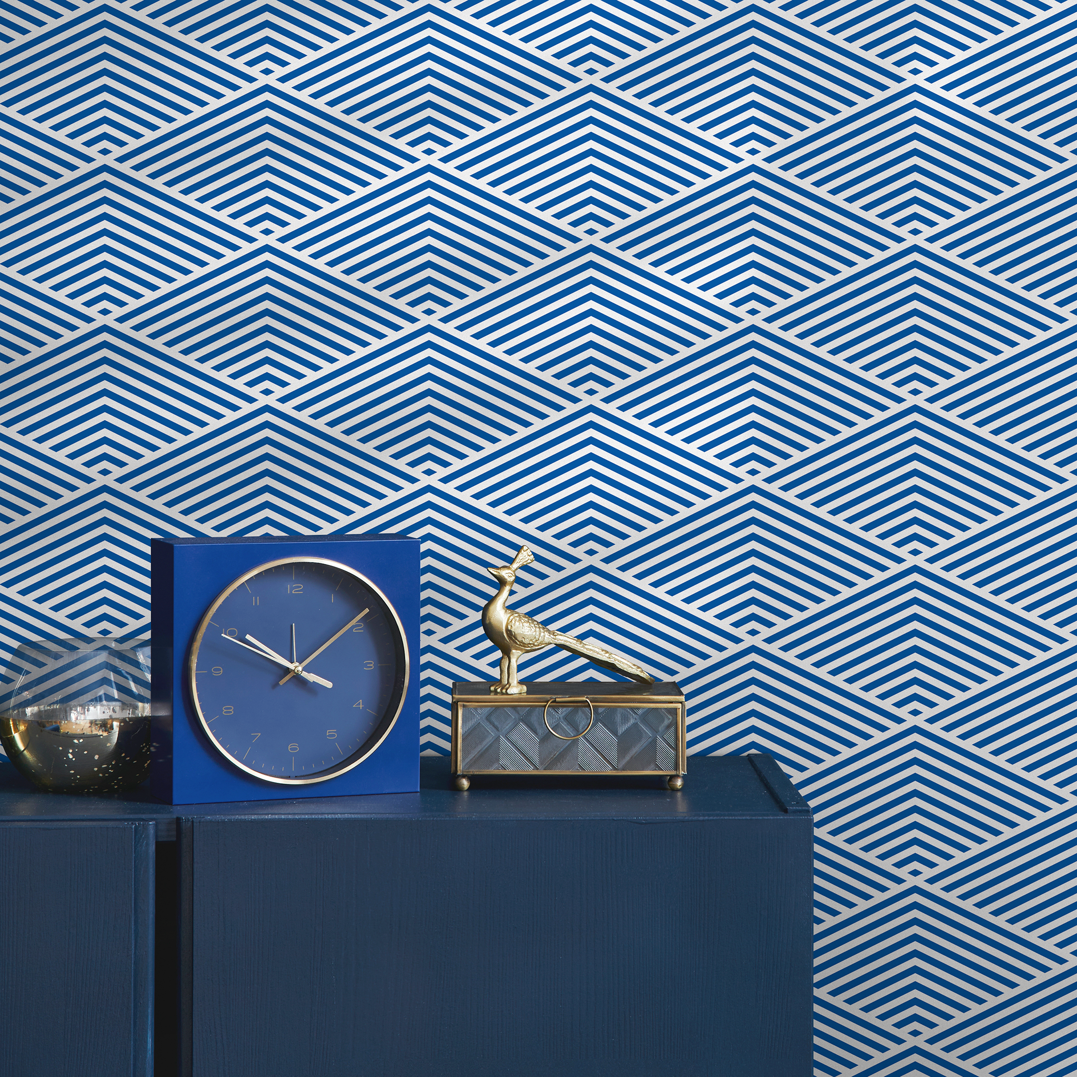Geometric Wallpaper With A Layered Chevron Motif In Blue And White - B796
