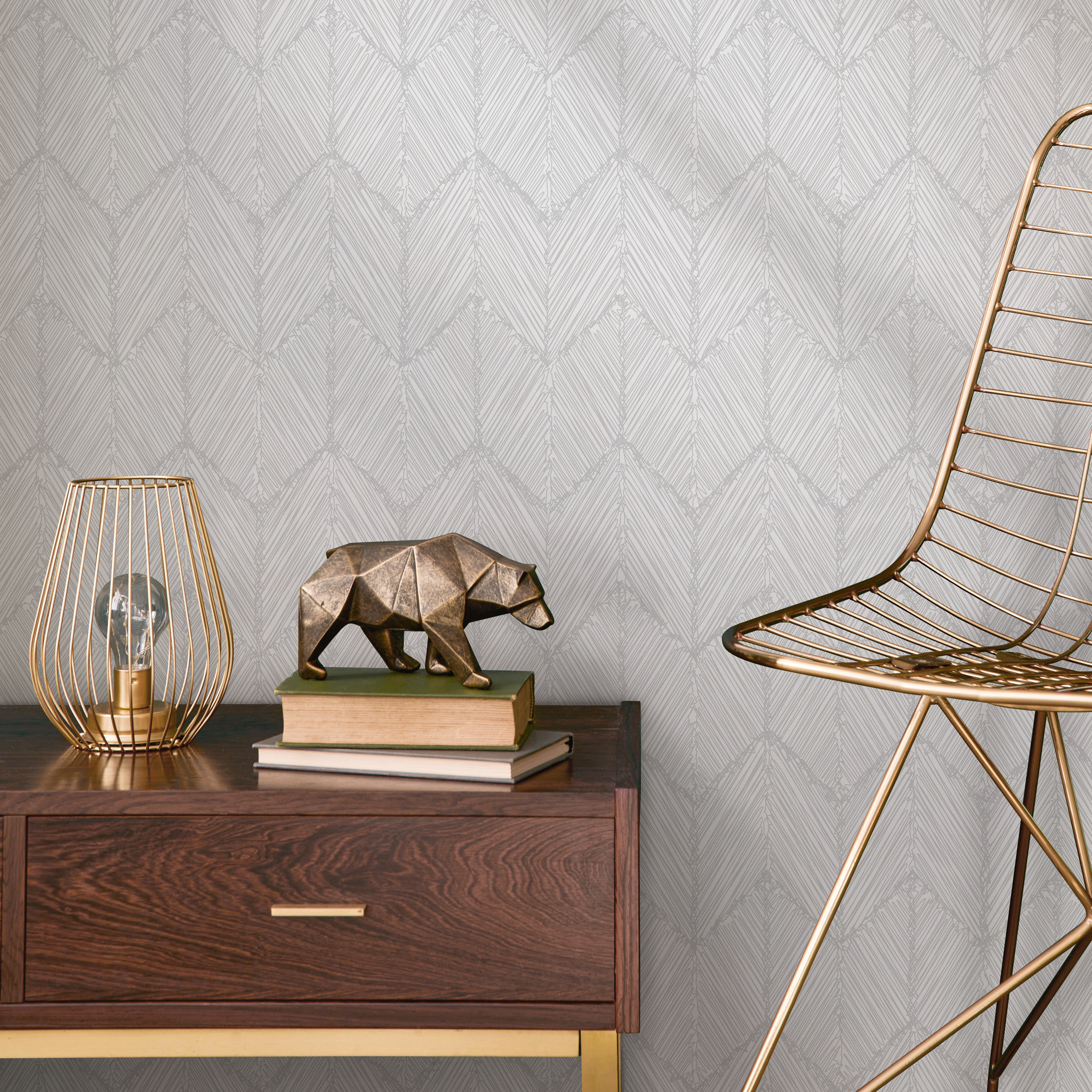 Scandinavian Wallpaper With A Sketched Chevron Motif In Light Gray And White - B797
