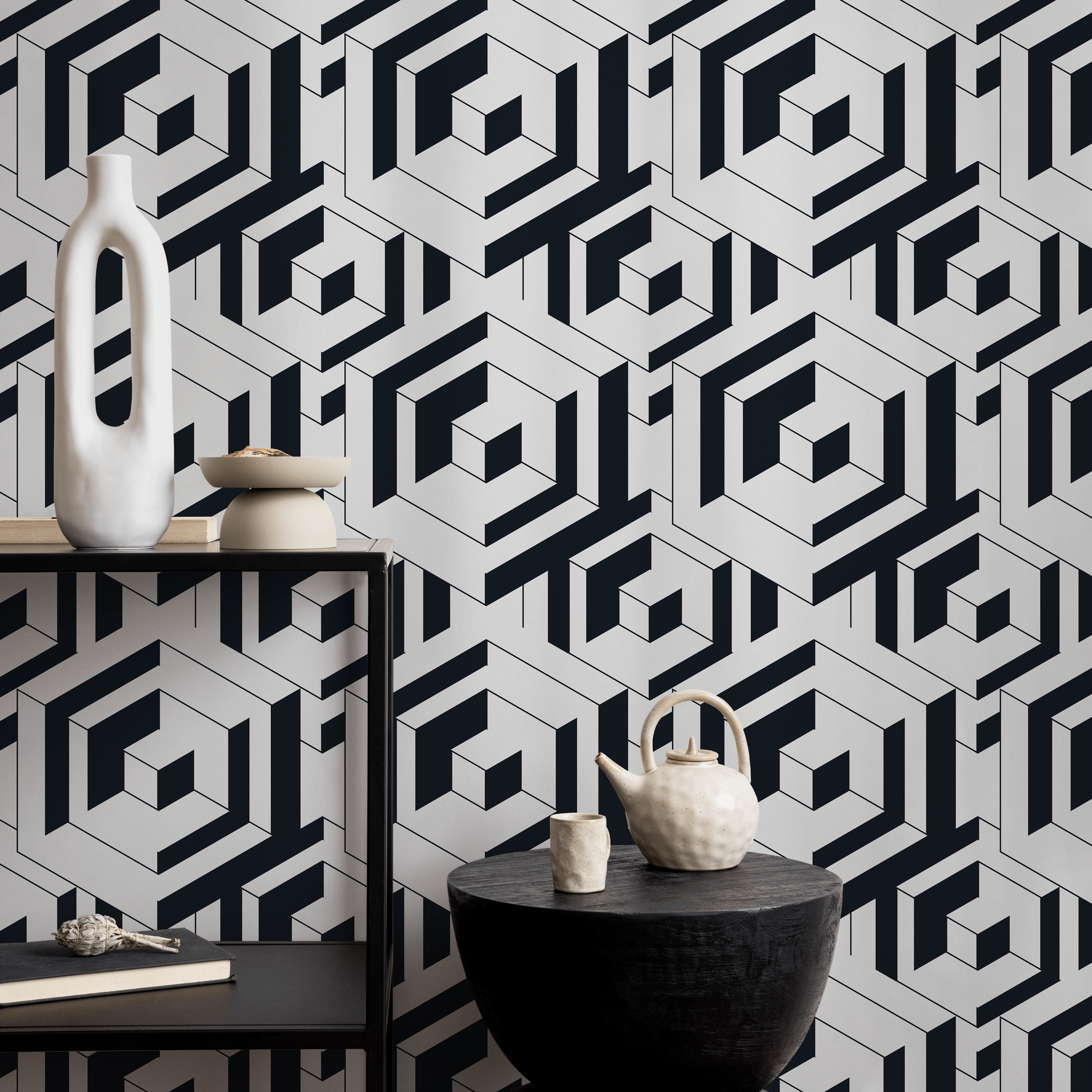 Geometric Wallpaper With A Bold Labyrinth Motif In Black And White - B798