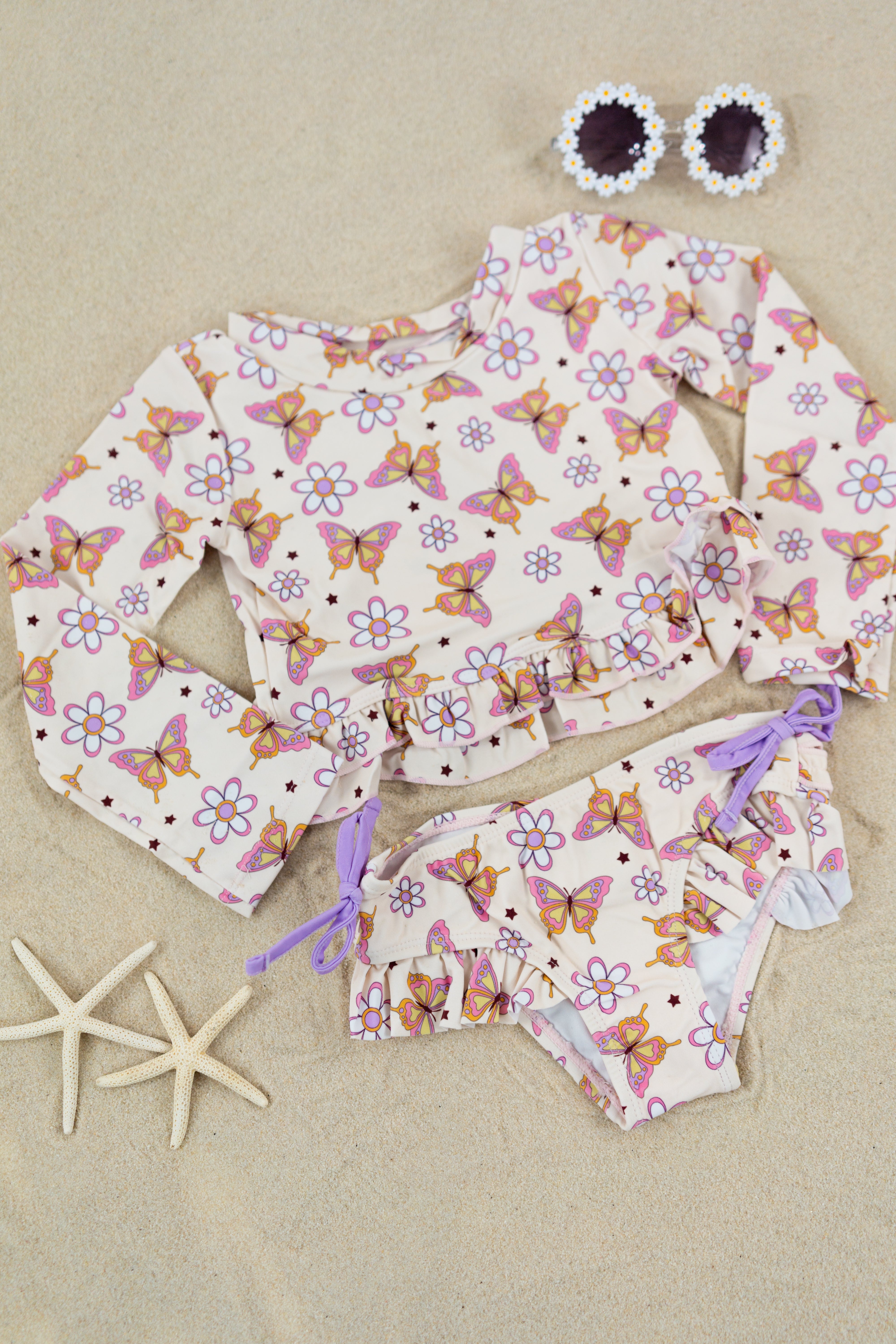Blossomin’ Butterfly Dream 2-piece Rash Guard Ruffle Swim Suit