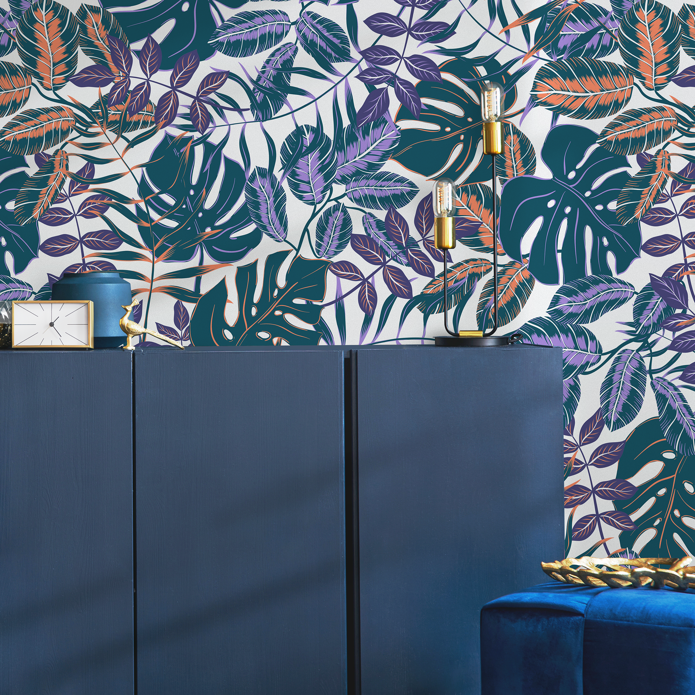 Tropical Wallpaper With Monstera Leaves In Teal, Purple, And Orange - B800