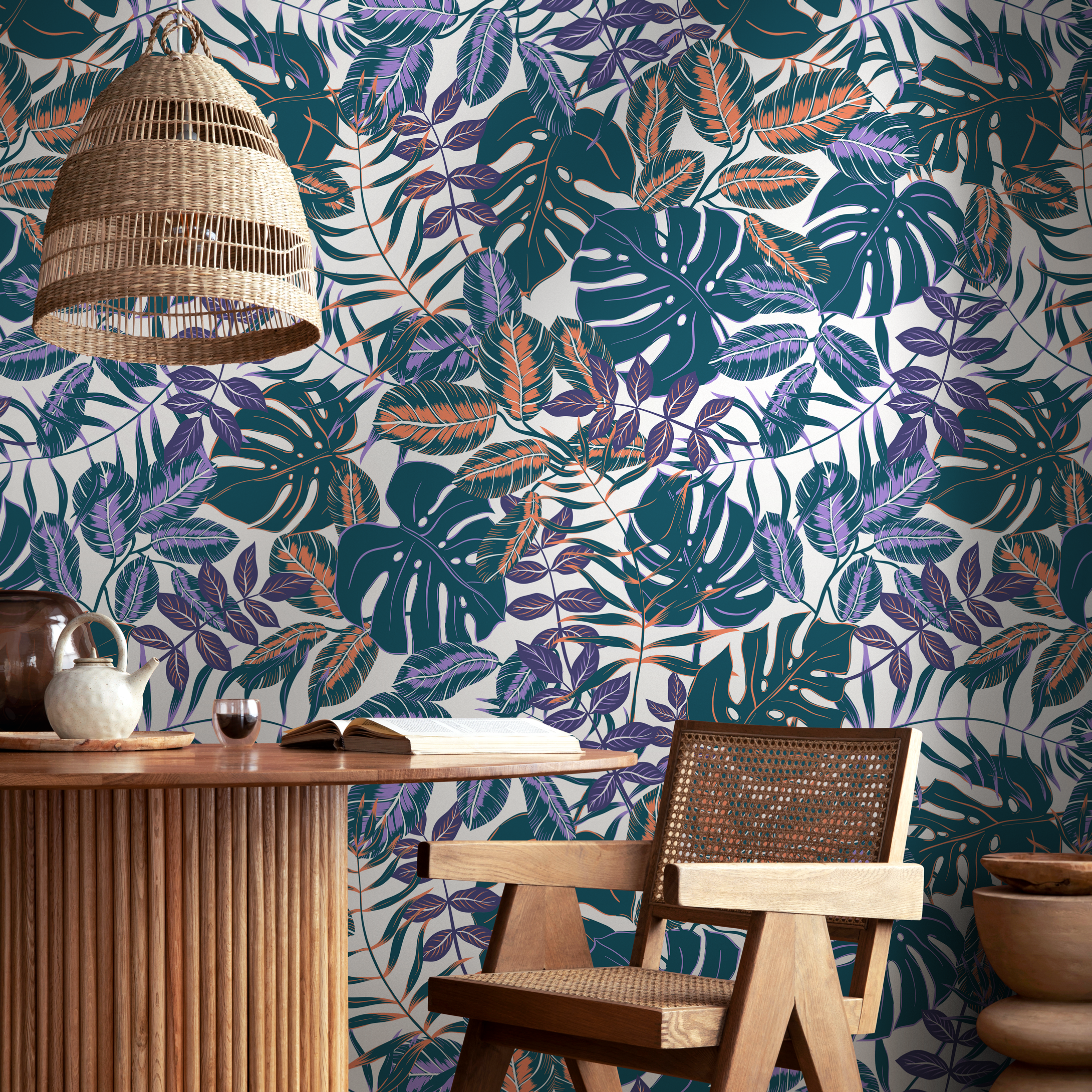 Tropical Wallpaper With Monstera Leaves In Teal, Purple, And Orange - B800