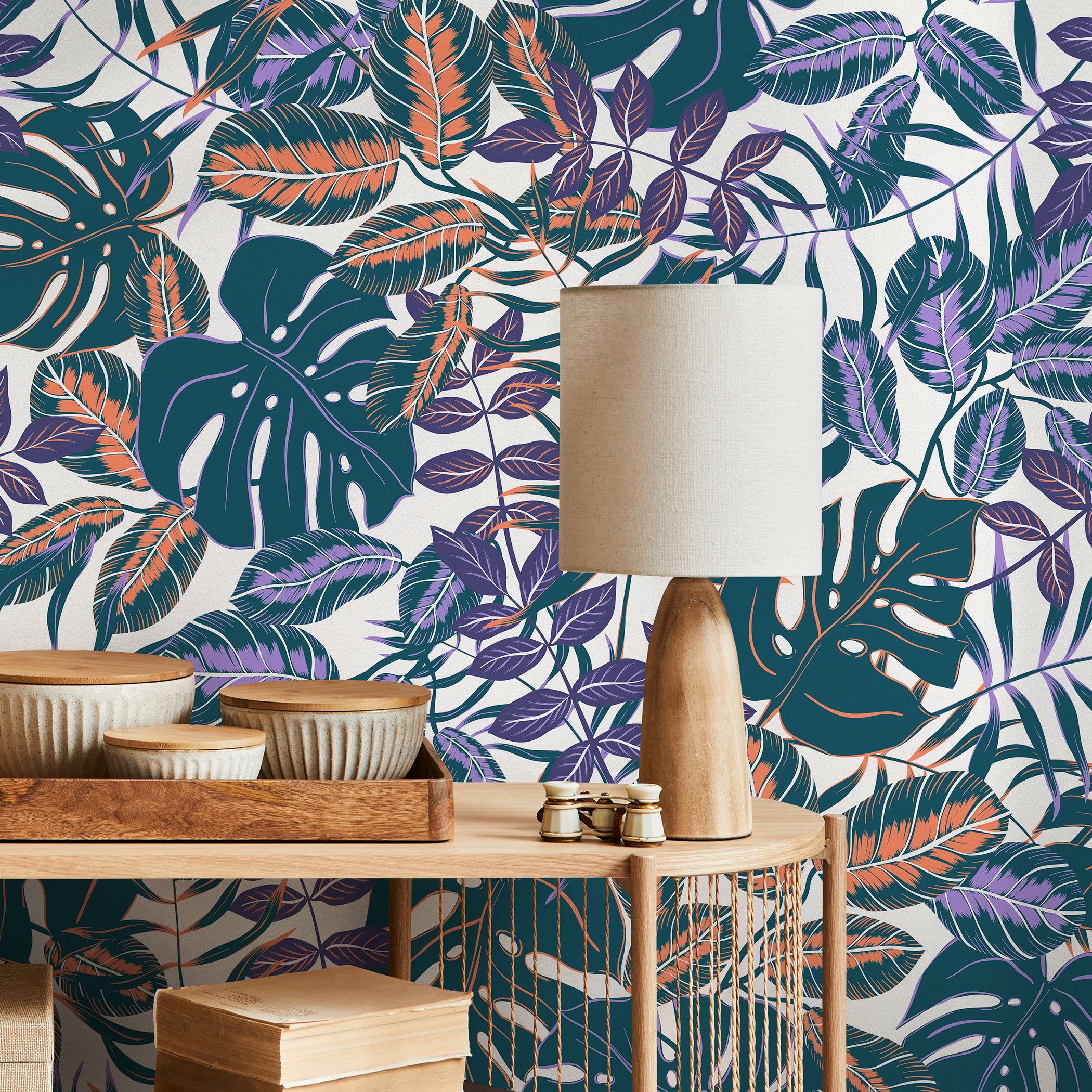 Tropical Wallpaper With Monstera Leaves In Teal, Purple, And Orange - B800