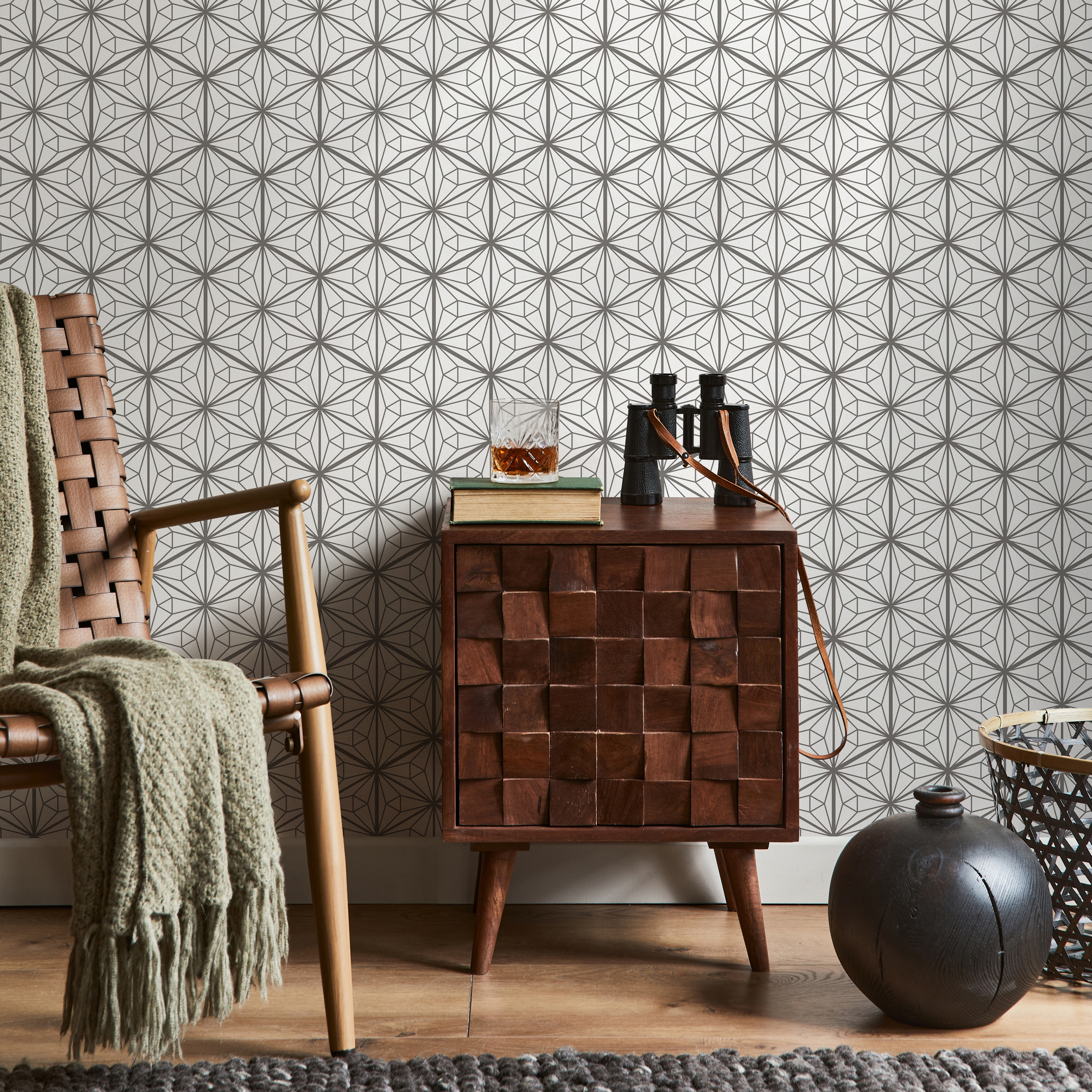 Art Deco Wallpaper With A Geometric Starburst Motif In Grey - B806