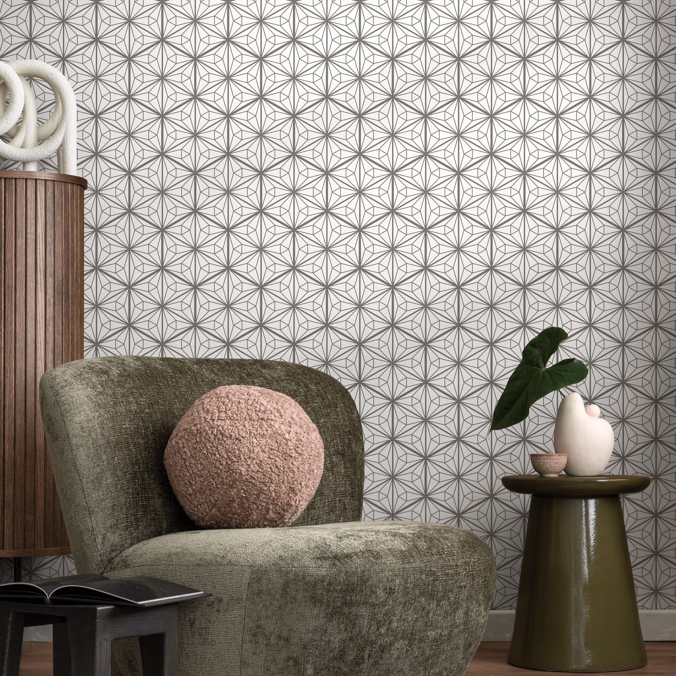 Art Deco Wallpaper With A Geometric Starburst Motif In Grey - B806