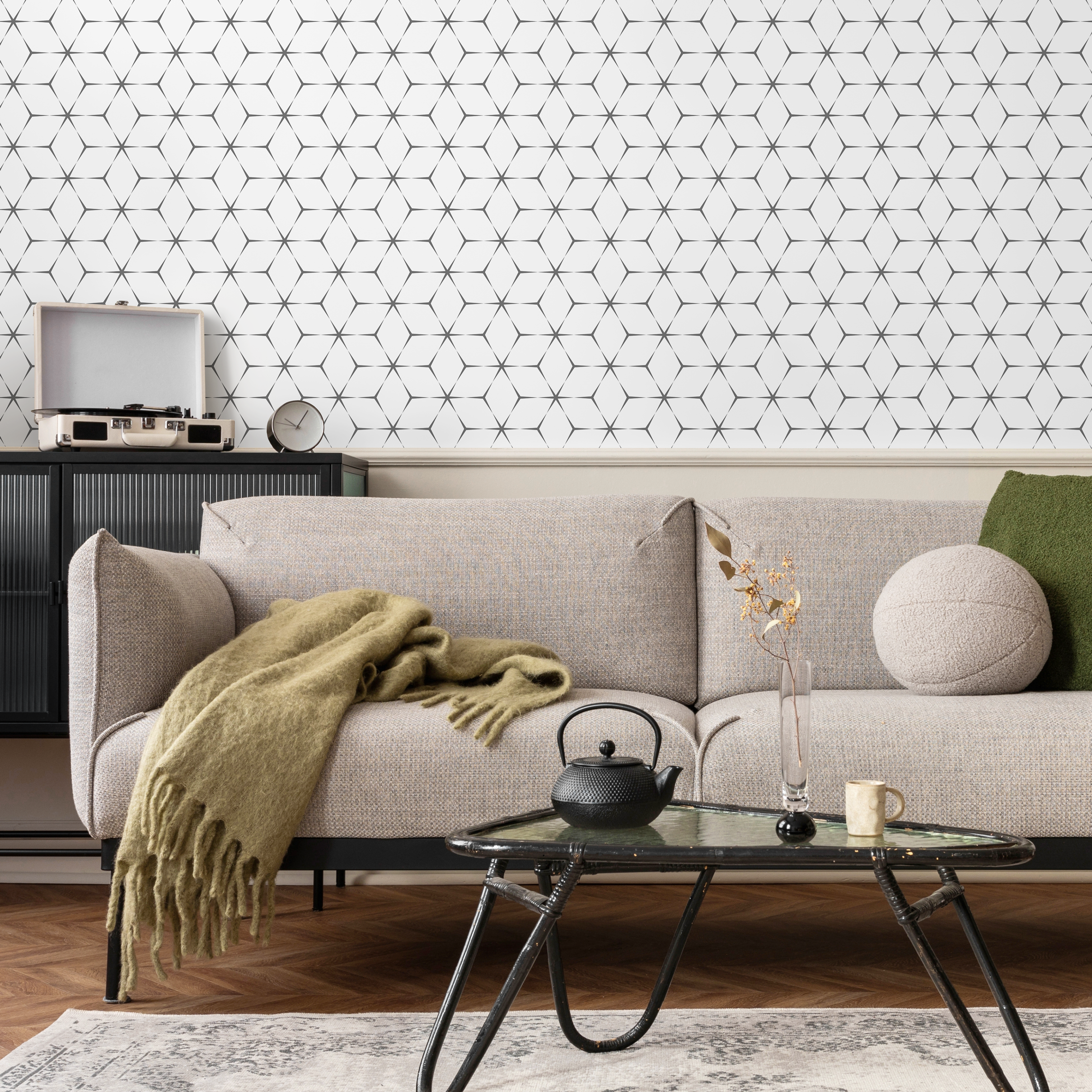 Geometric Wallpaper With An Interlocking Star Pattern In Black And White - B809