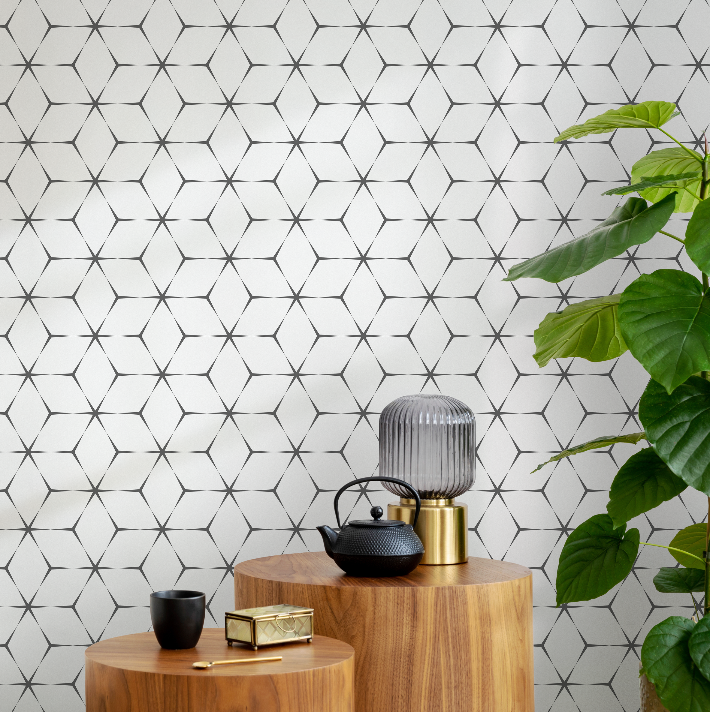 Geometric Wallpaper With An Interlocking Star Pattern In Black And White - B809