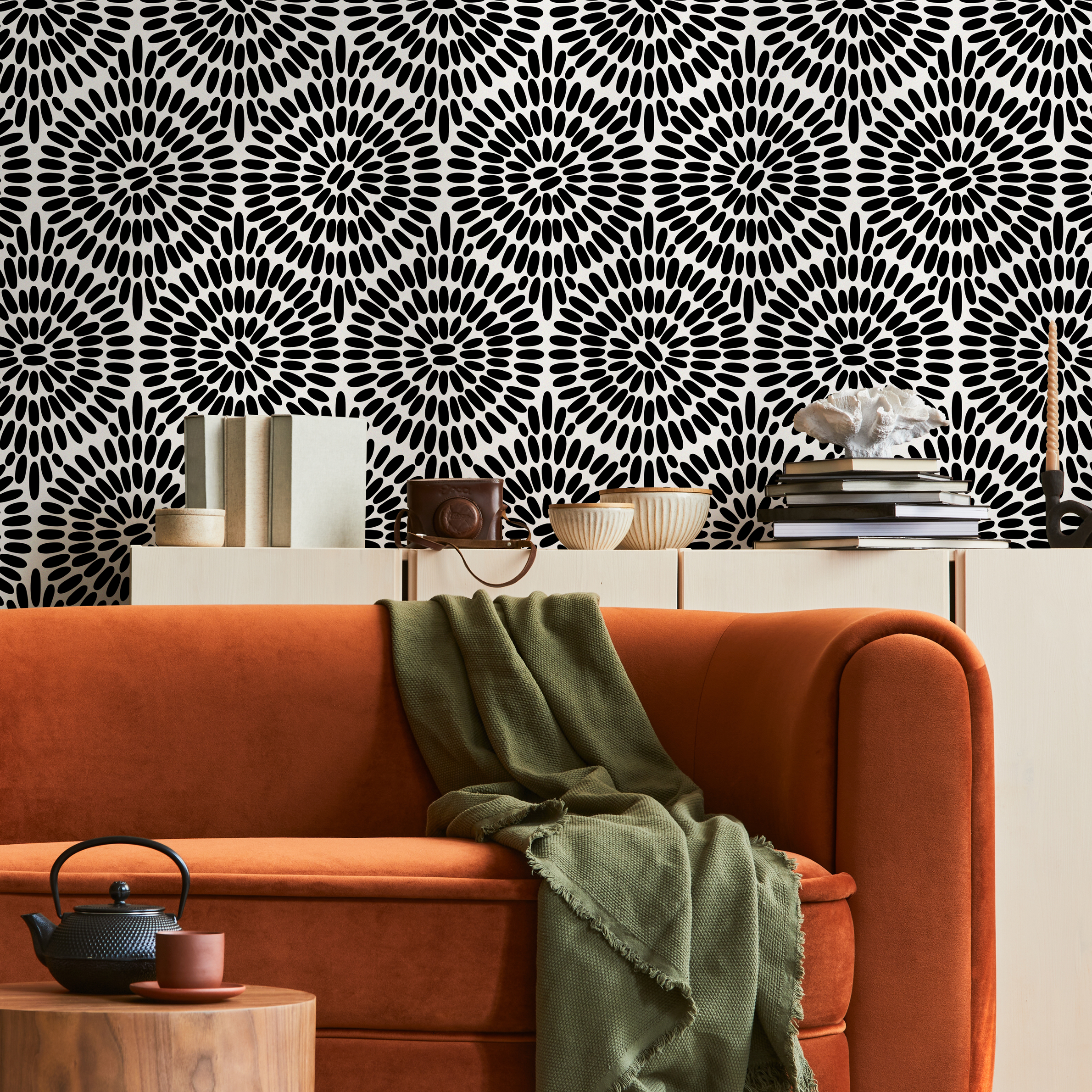 Abstract Wallpaper With A Radiating Oval Motif In Black And White - B811