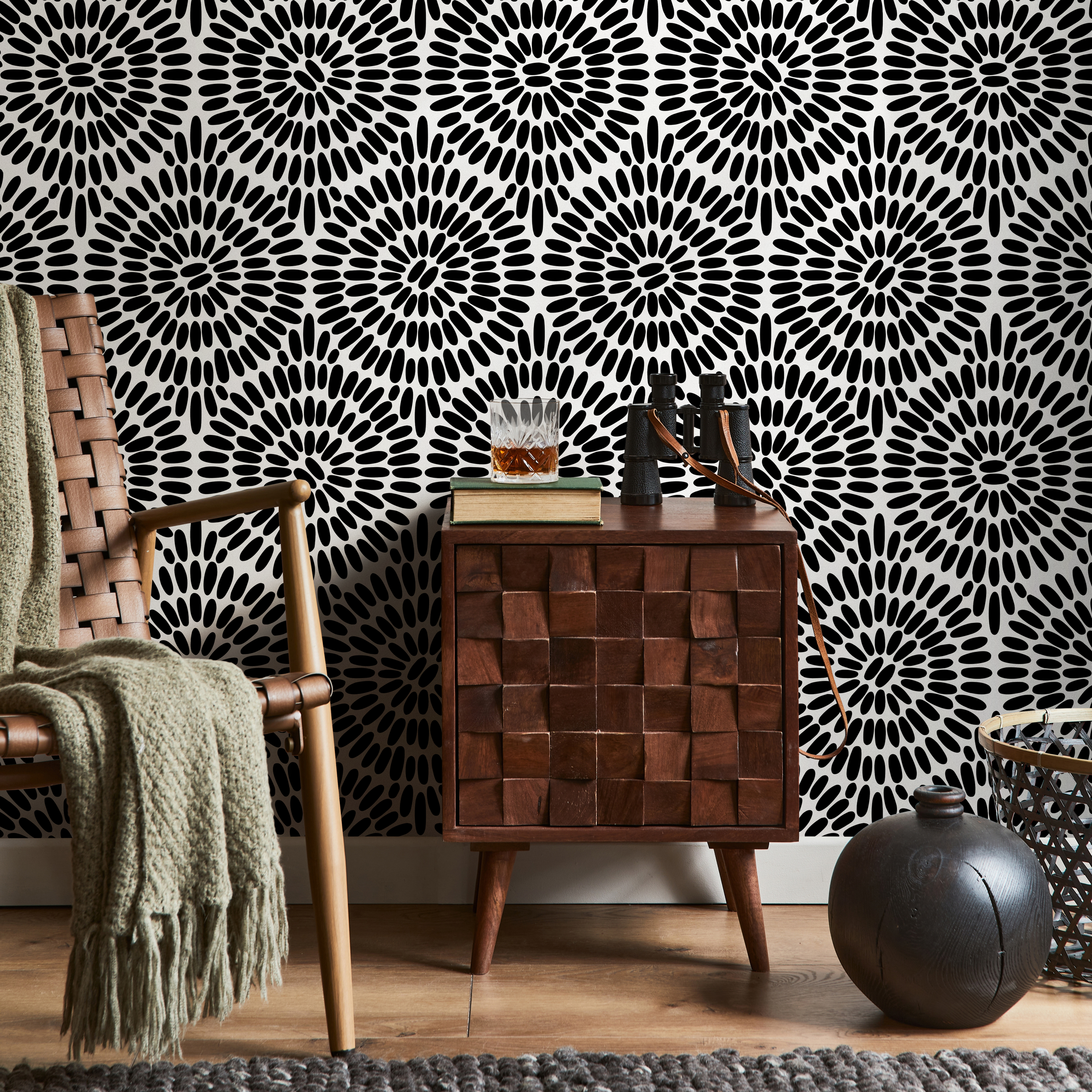 Abstract Wallpaper With A Radiating Oval Motif In Black And White - B811