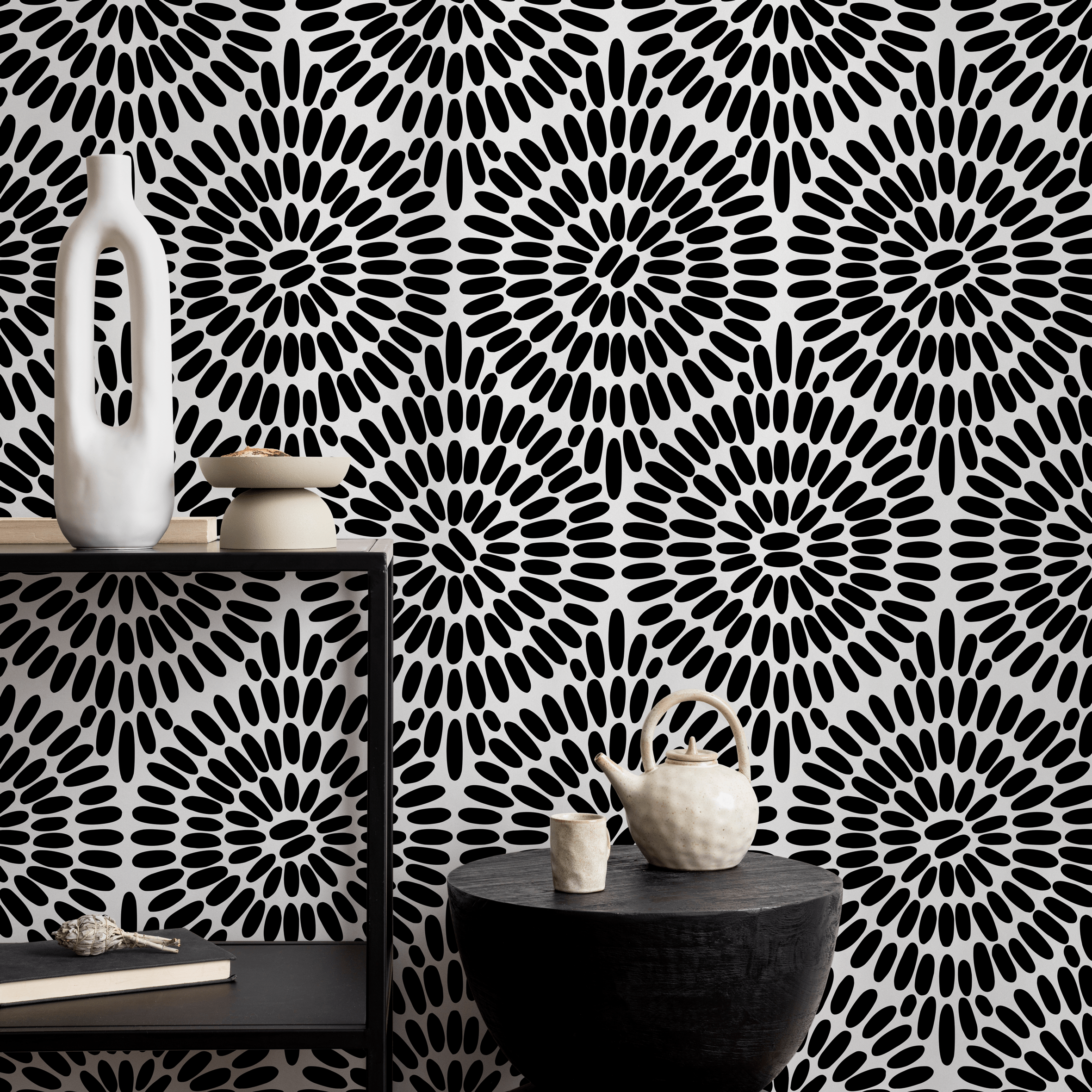 Abstract Wallpaper With A Radiating Oval Motif In Black And White - B811
