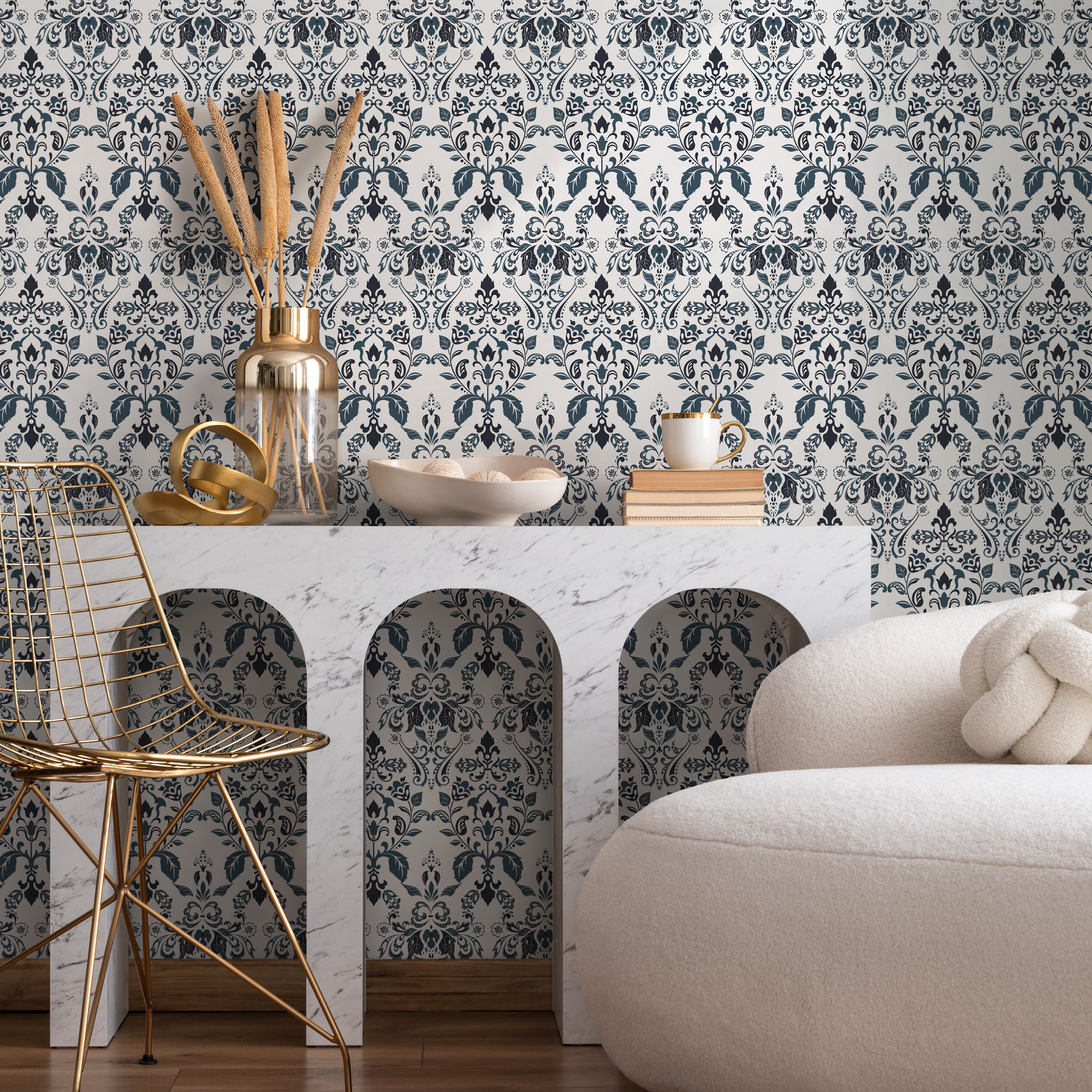 Damask Wallpaper With An Intricate Floral Motif In Navy Blue And Blue - B813