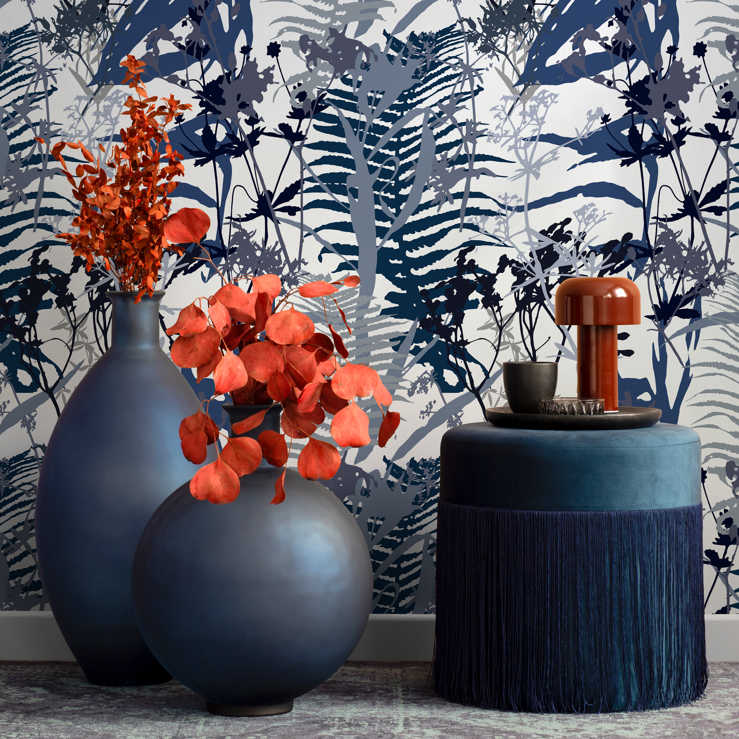 Botanical Wallpaper With Fern Silhouettes In Blue, Gray, And Black - B814