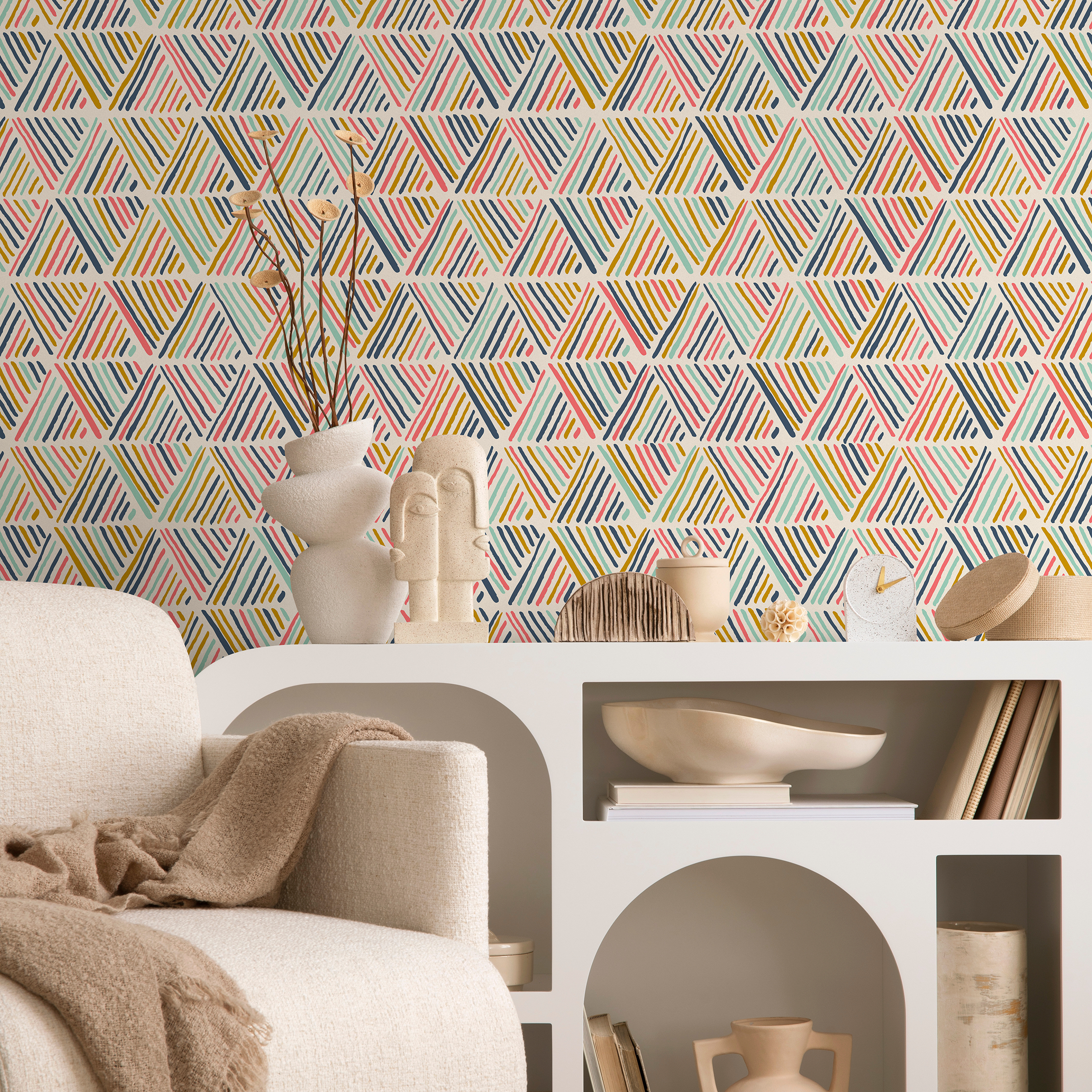 Geometric Wallpaper With Abstract Striped Triangles In Pink, Blue, And Yellow - B816
