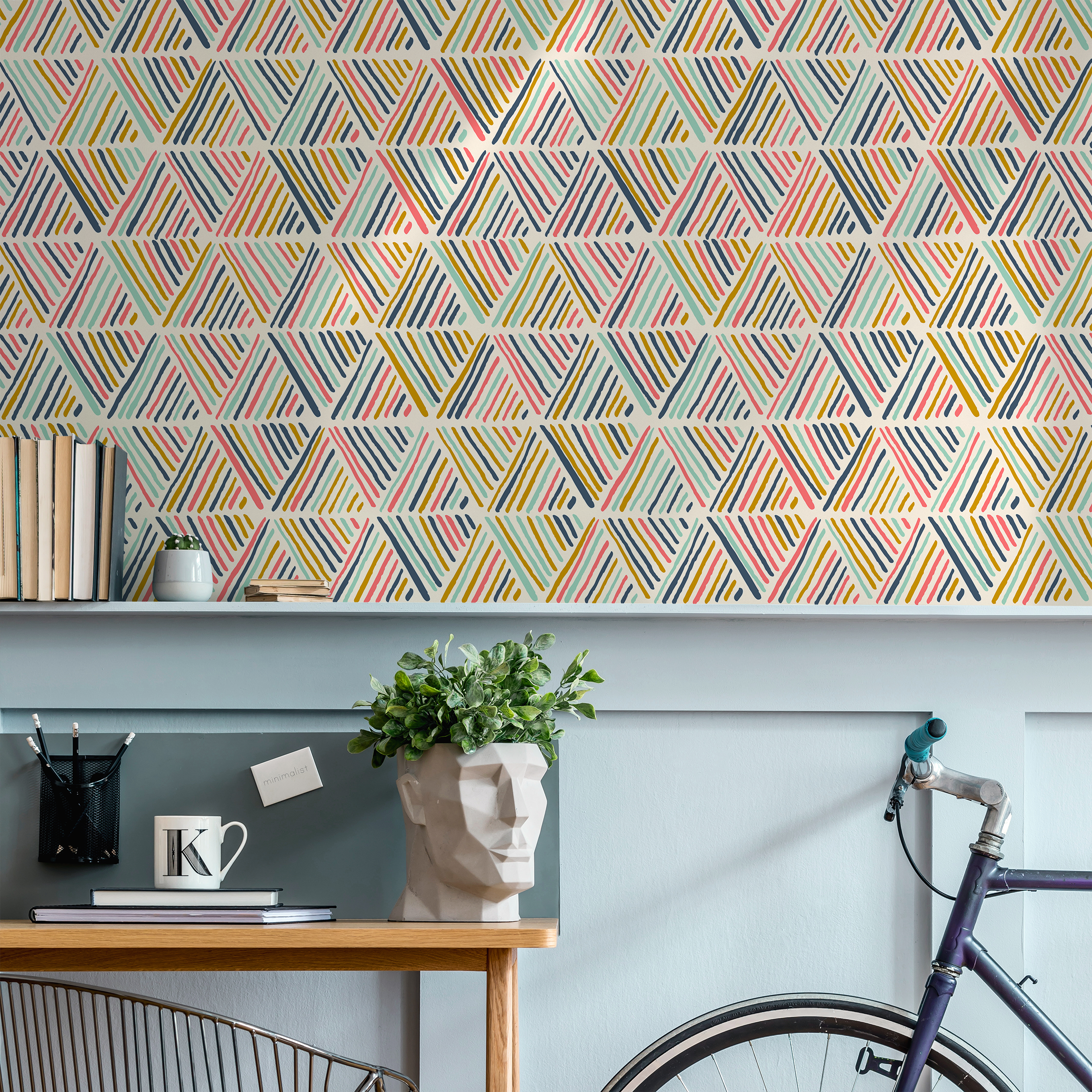 Geometric Wallpaper With Abstract Striped Triangles In Pink, Blue, And Yellow - B816