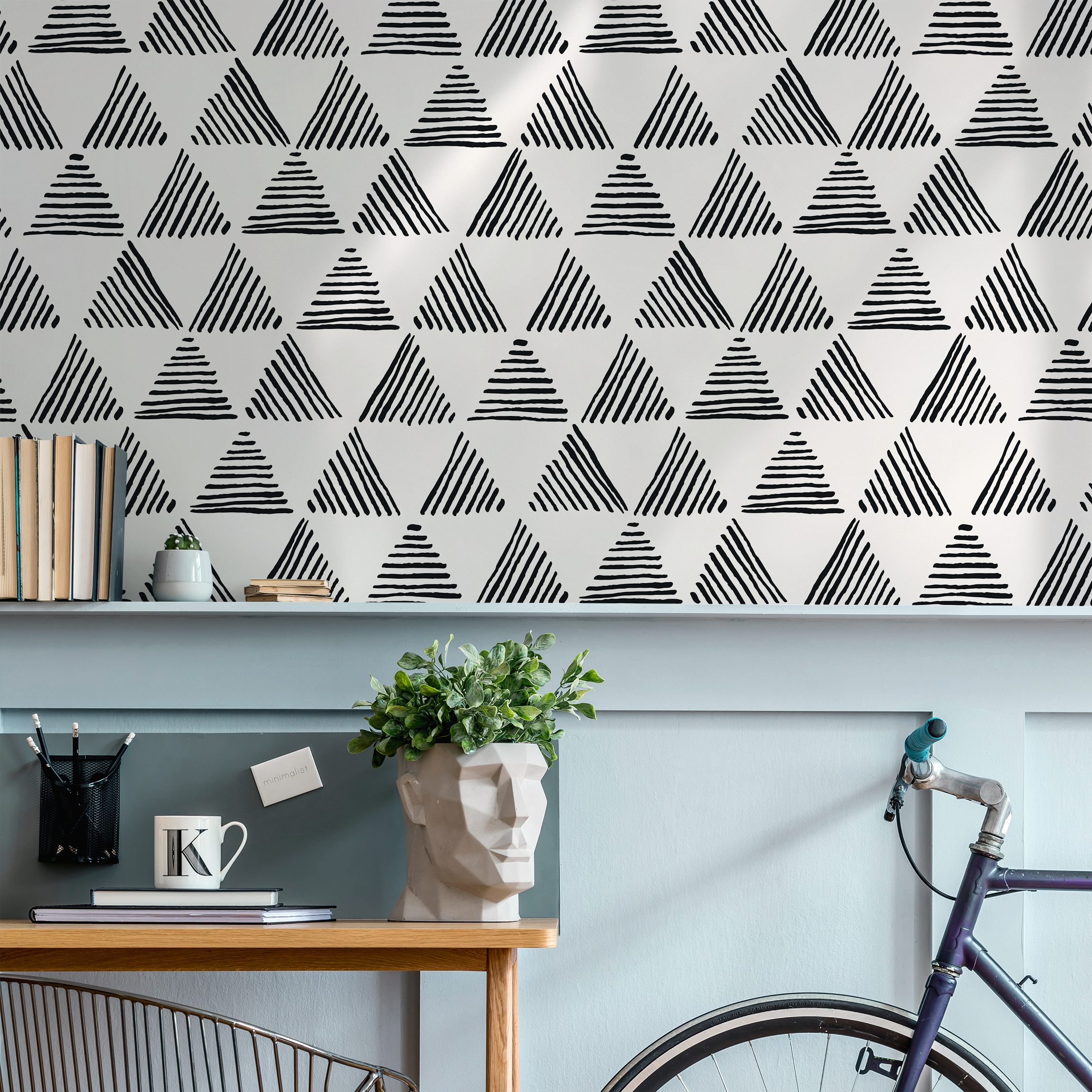 Geometric Wallpaper With Hand-drawn Triangles In Black And White - B817