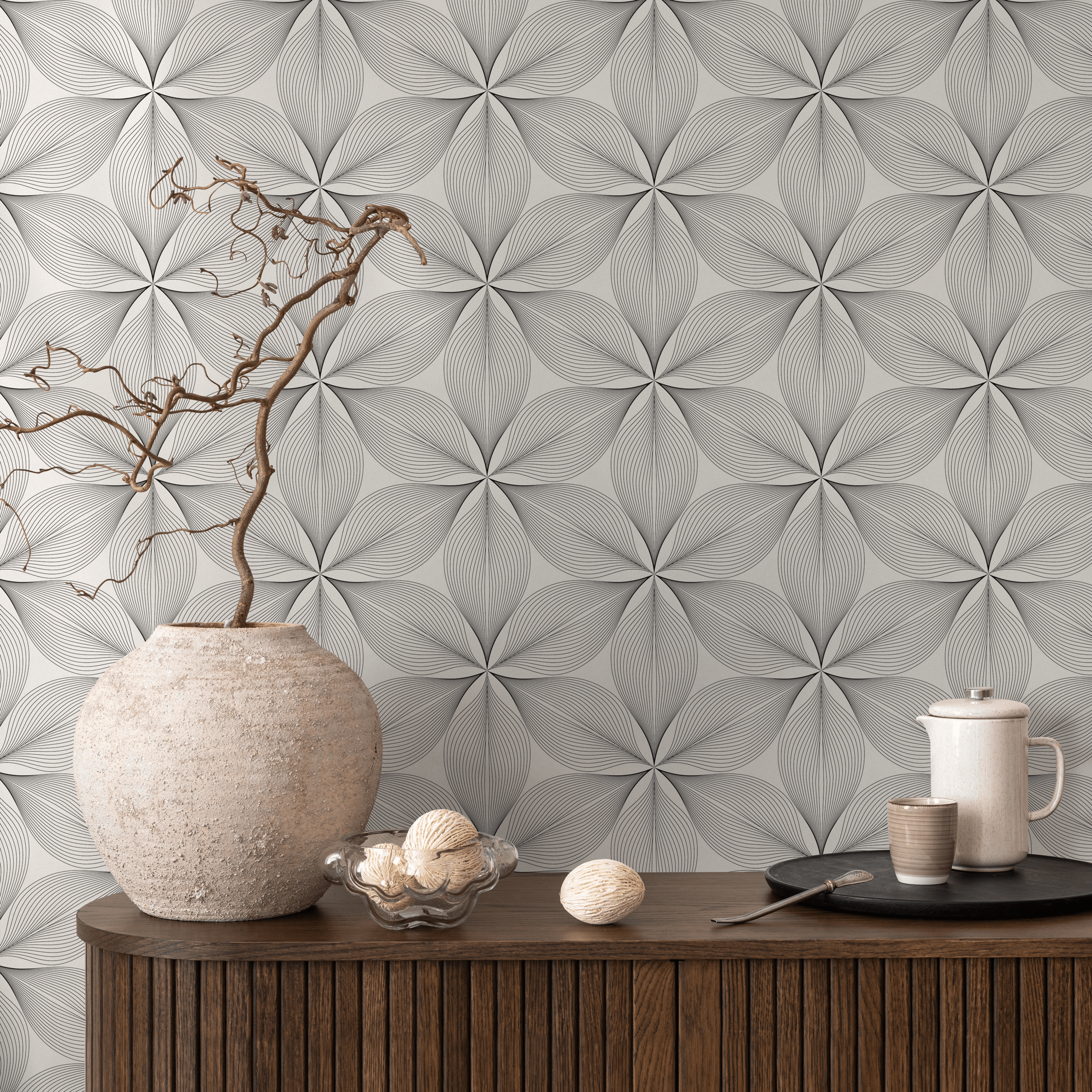 Geometric Wallpaper With A Linear Floral Motif In Black And Gray - B818