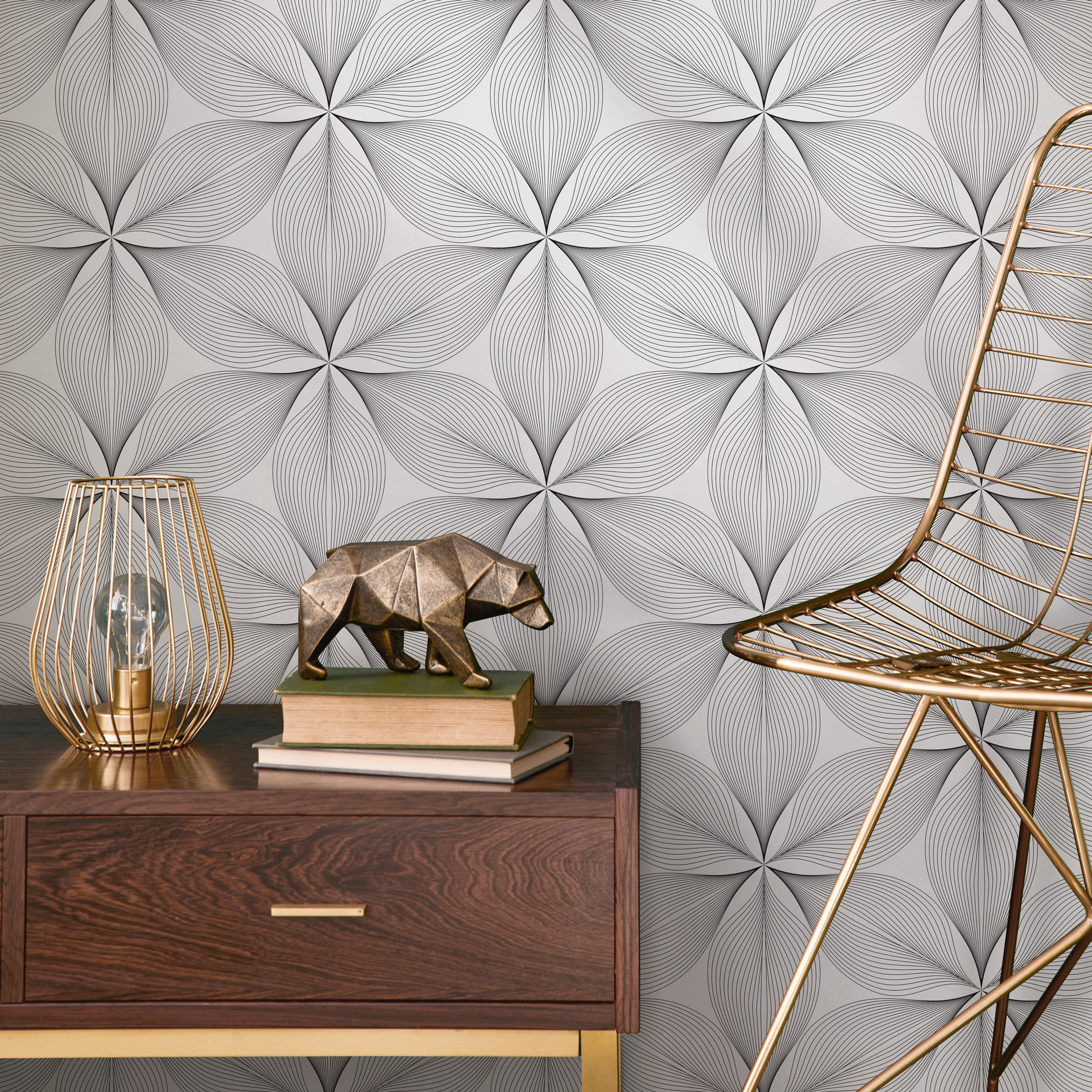Geometric Wallpaper With A Linear Floral Motif In Black And Gray - B818