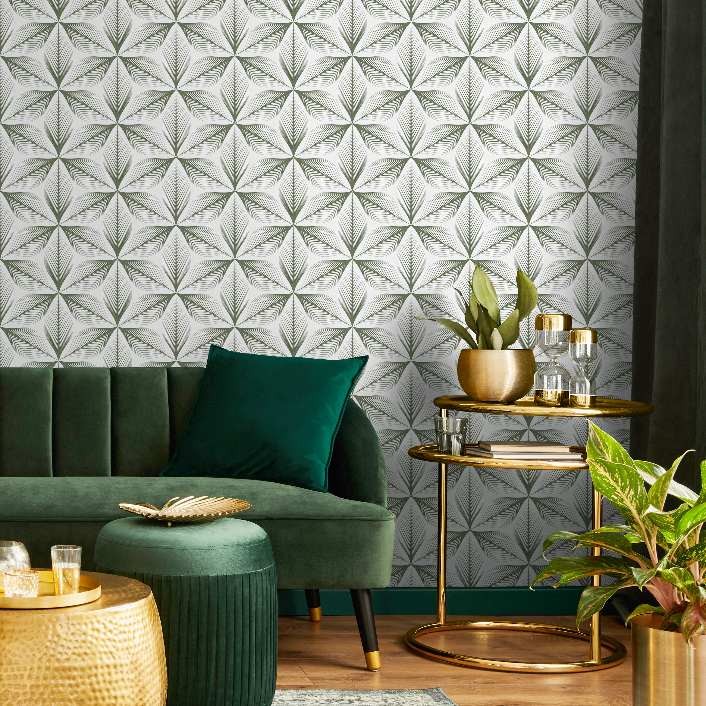 Geometric Wallpaper With A Linear Floral Motif In Green - B819