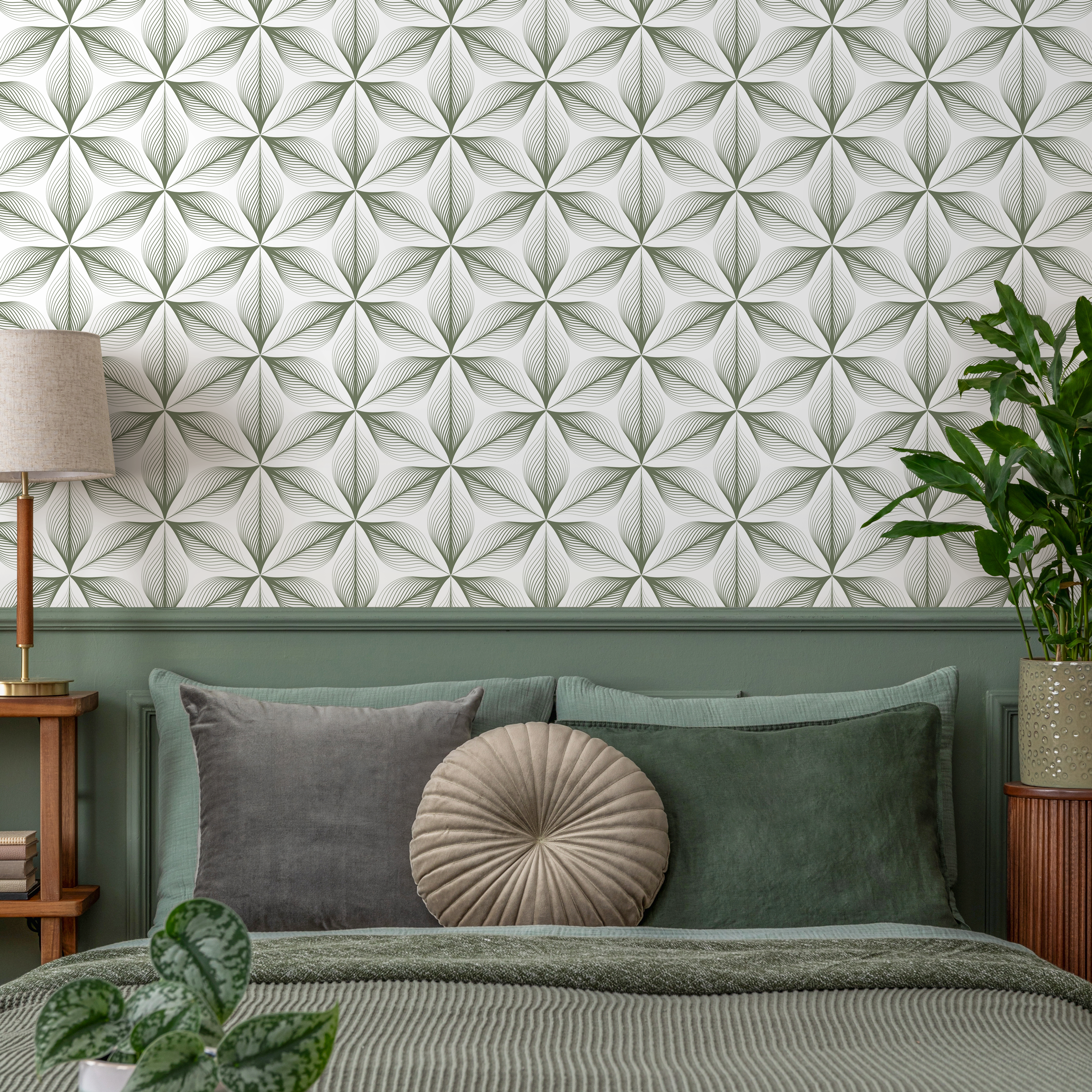 Geometric Wallpaper With A Linear Floral Motif In Green - B819