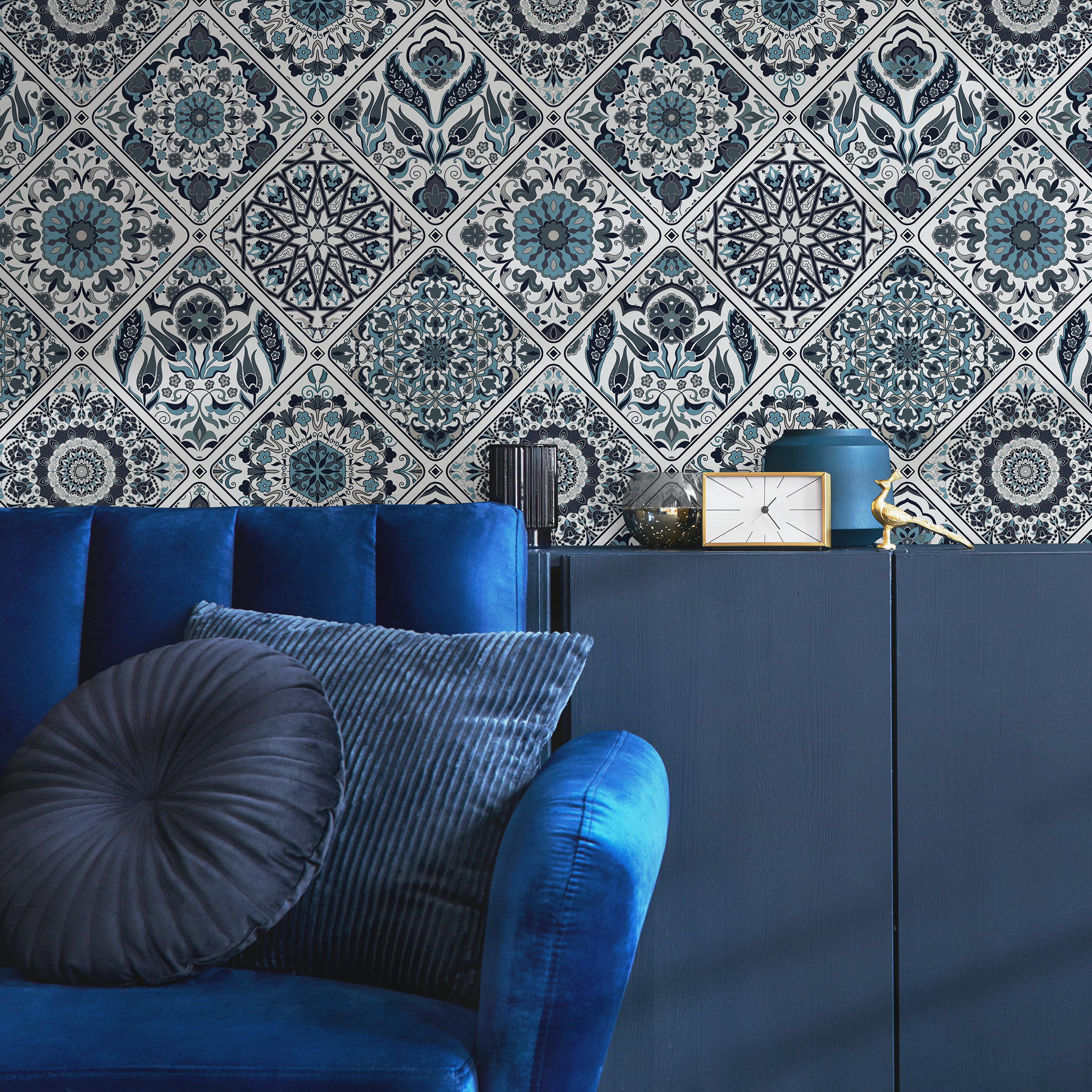 Tile Wallpaper With Intricate Mandala Motifs In Blue And Gray - B822