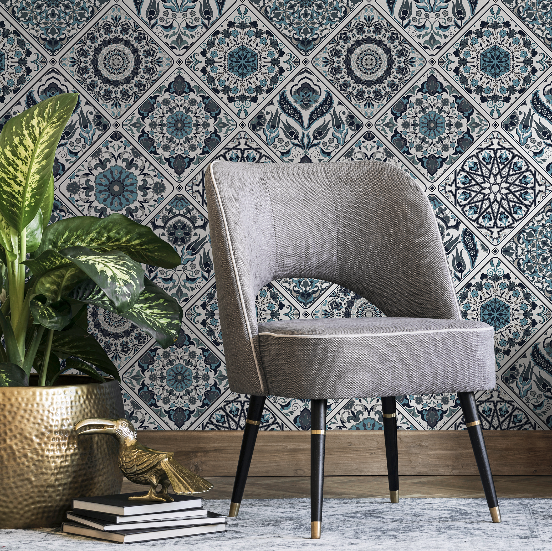 Tile Wallpaper With Intricate Mandala Motifs In Blue And Gray - B822