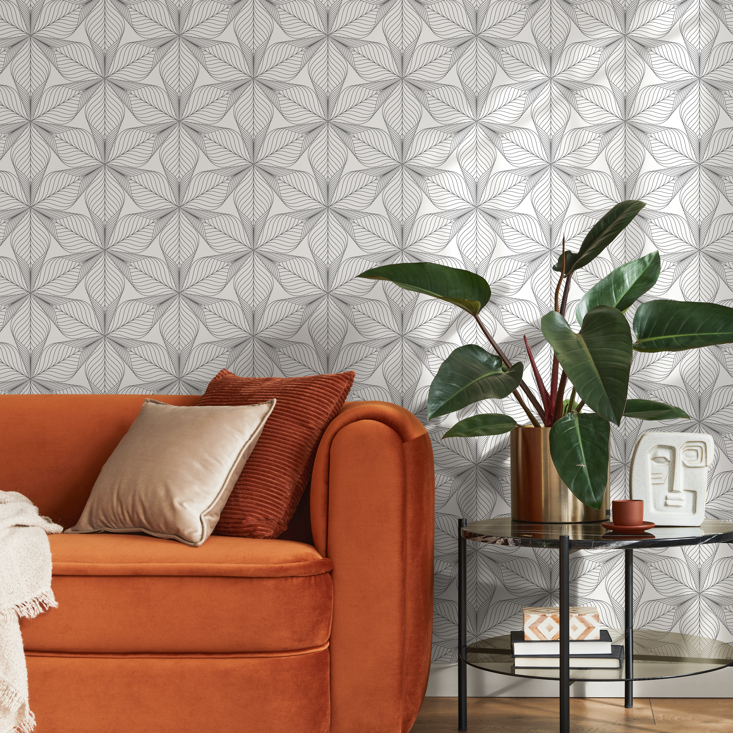 Geometric Wallpaper With An Intricate Line Art Floral Motif In Black And Gray - B823