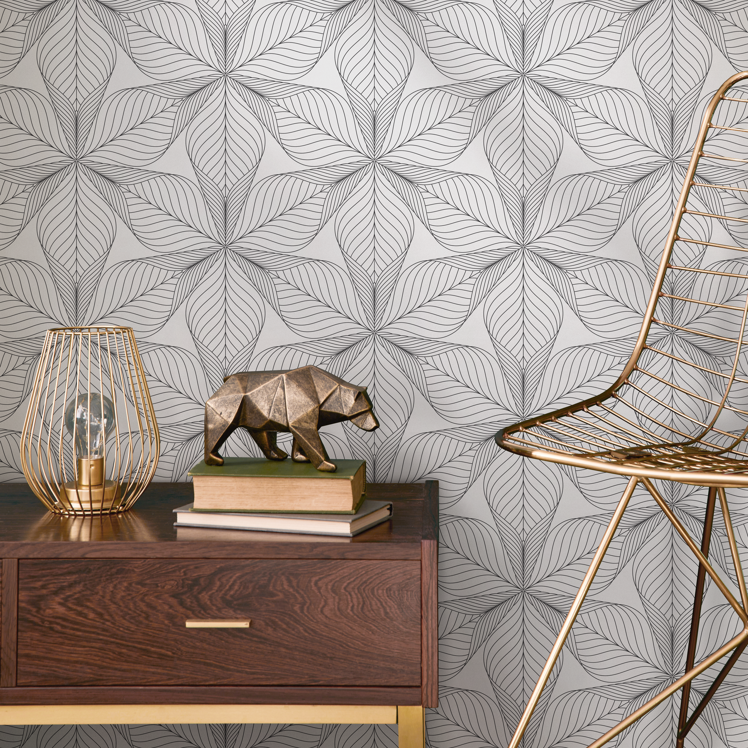 Geometric Wallpaper With An Intricate Line Art Floral Motif In Black And Gray - B823