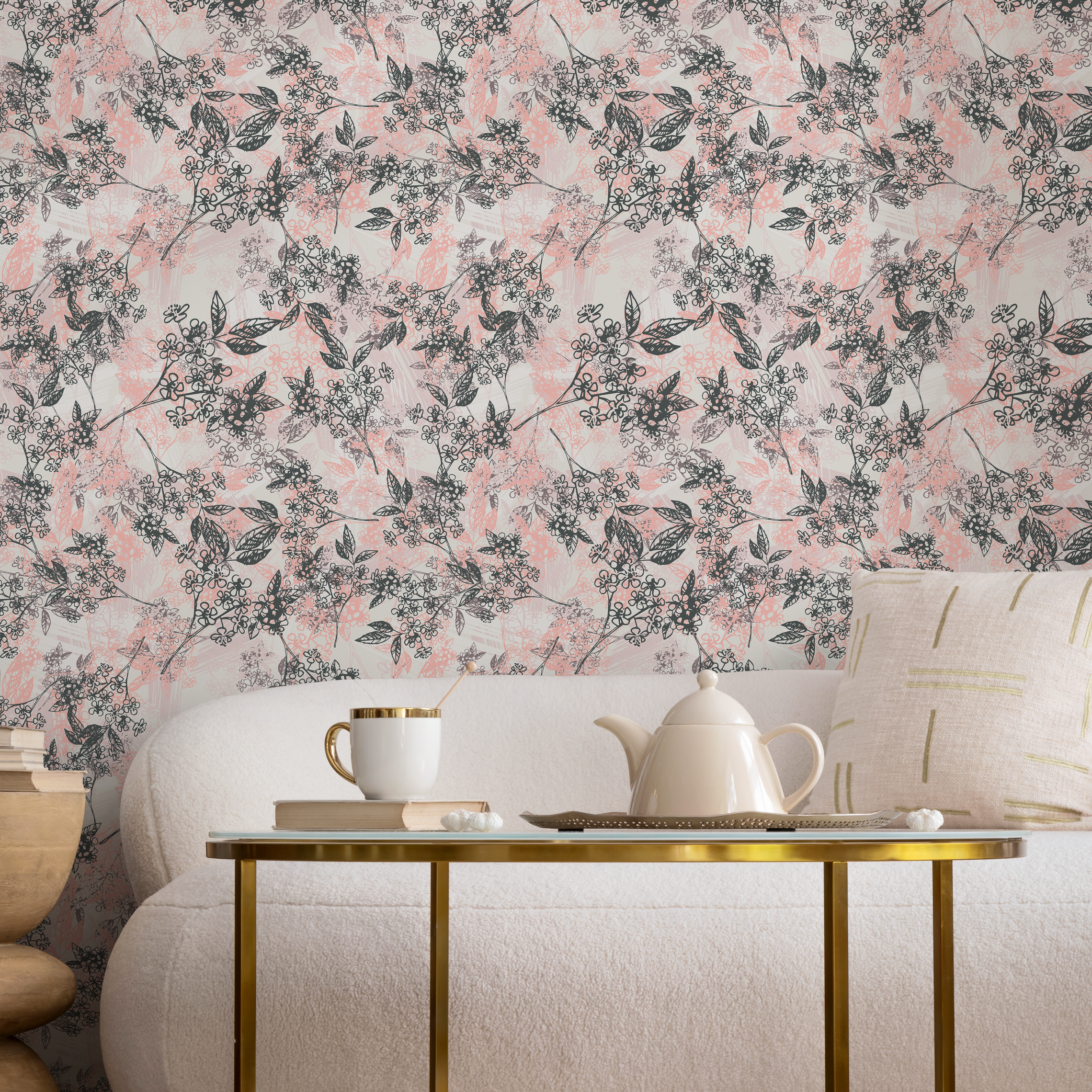 Floral Wallpaper With Sketchy Blossoming Branches In Pink And Gray - B825