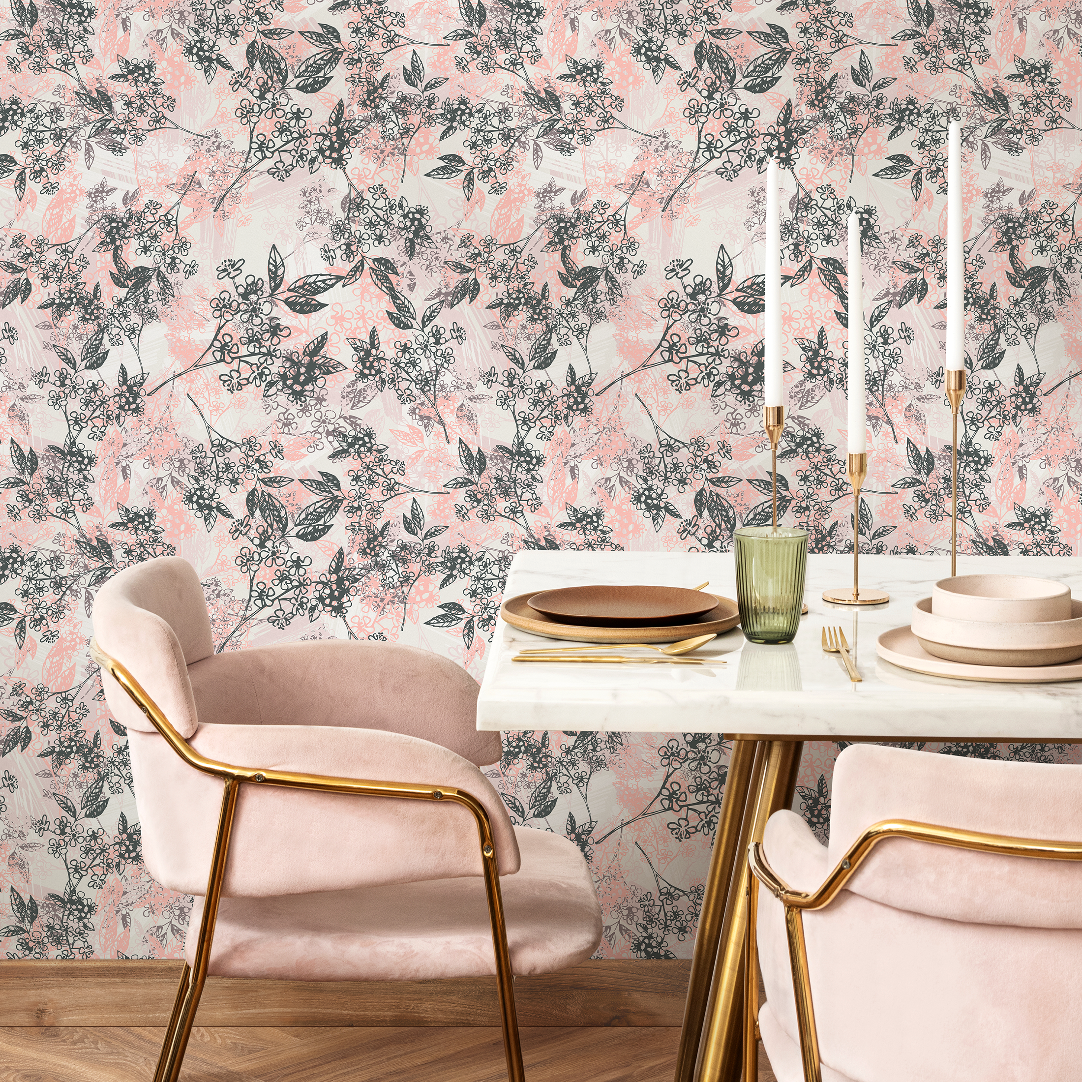 Floral Wallpaper With Sketchy Blossoming Branches In Pink And Gray - B825
