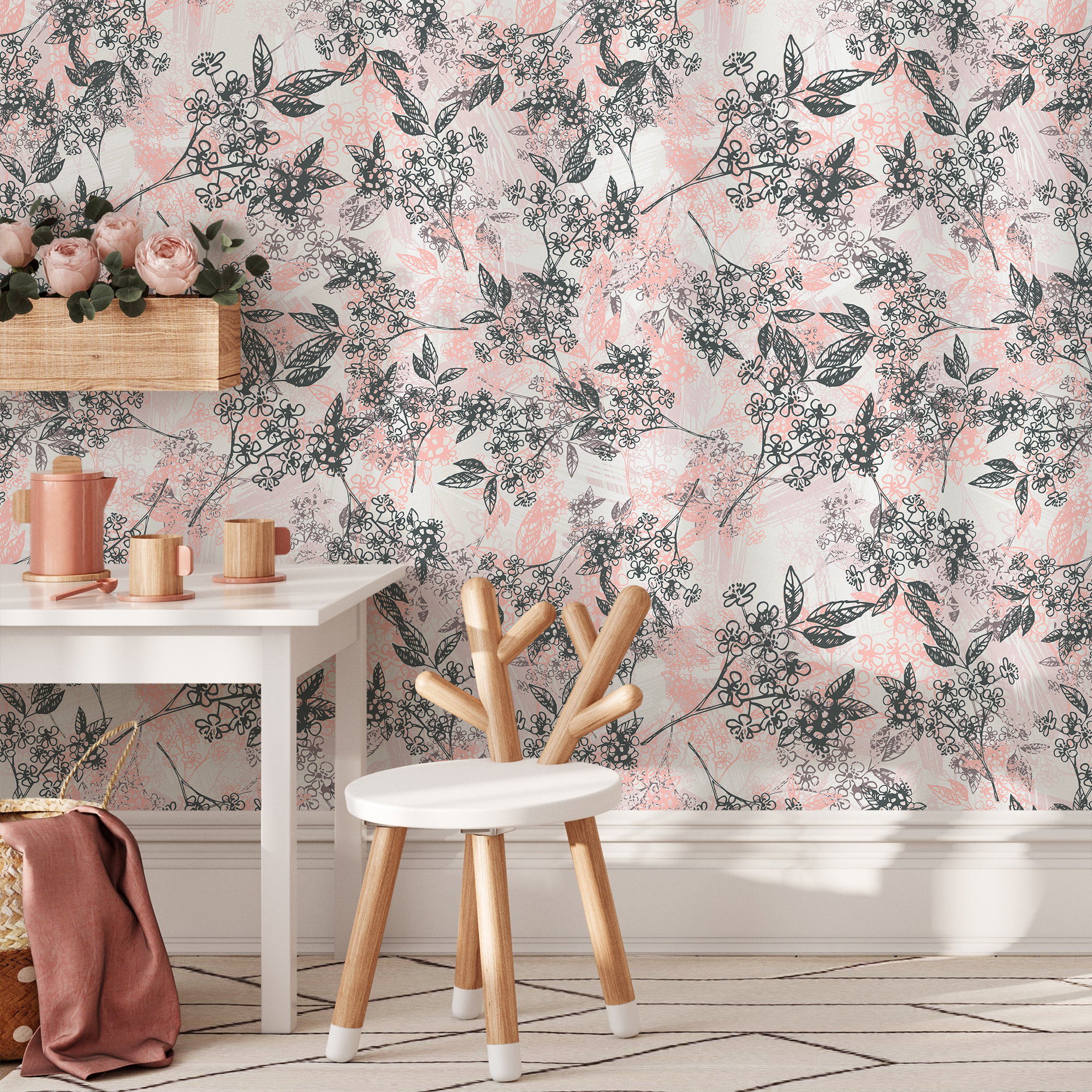 Floral Wallpaper With Sketchy Blossoming Branches In Pink And Gray - B825
