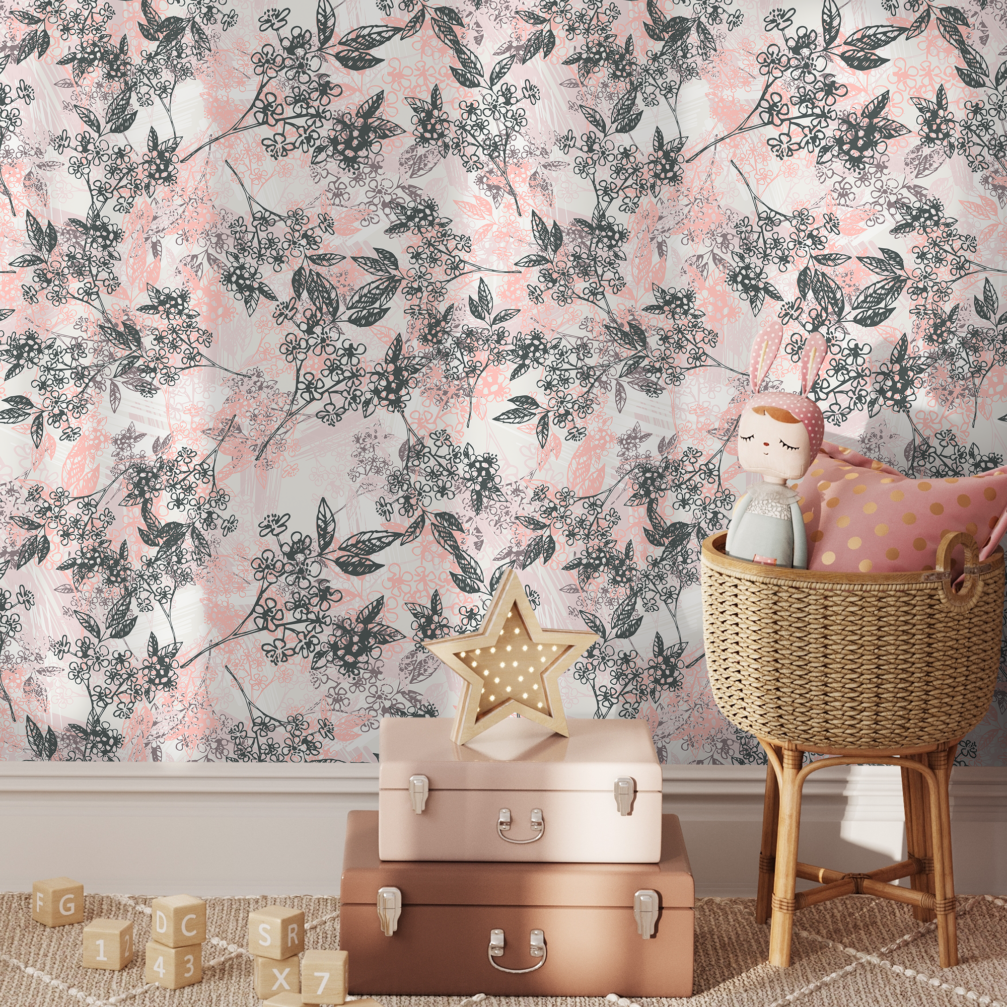 Floral Wallpaper With Sketchy Blossoming Branches In Pink And Gray - B825