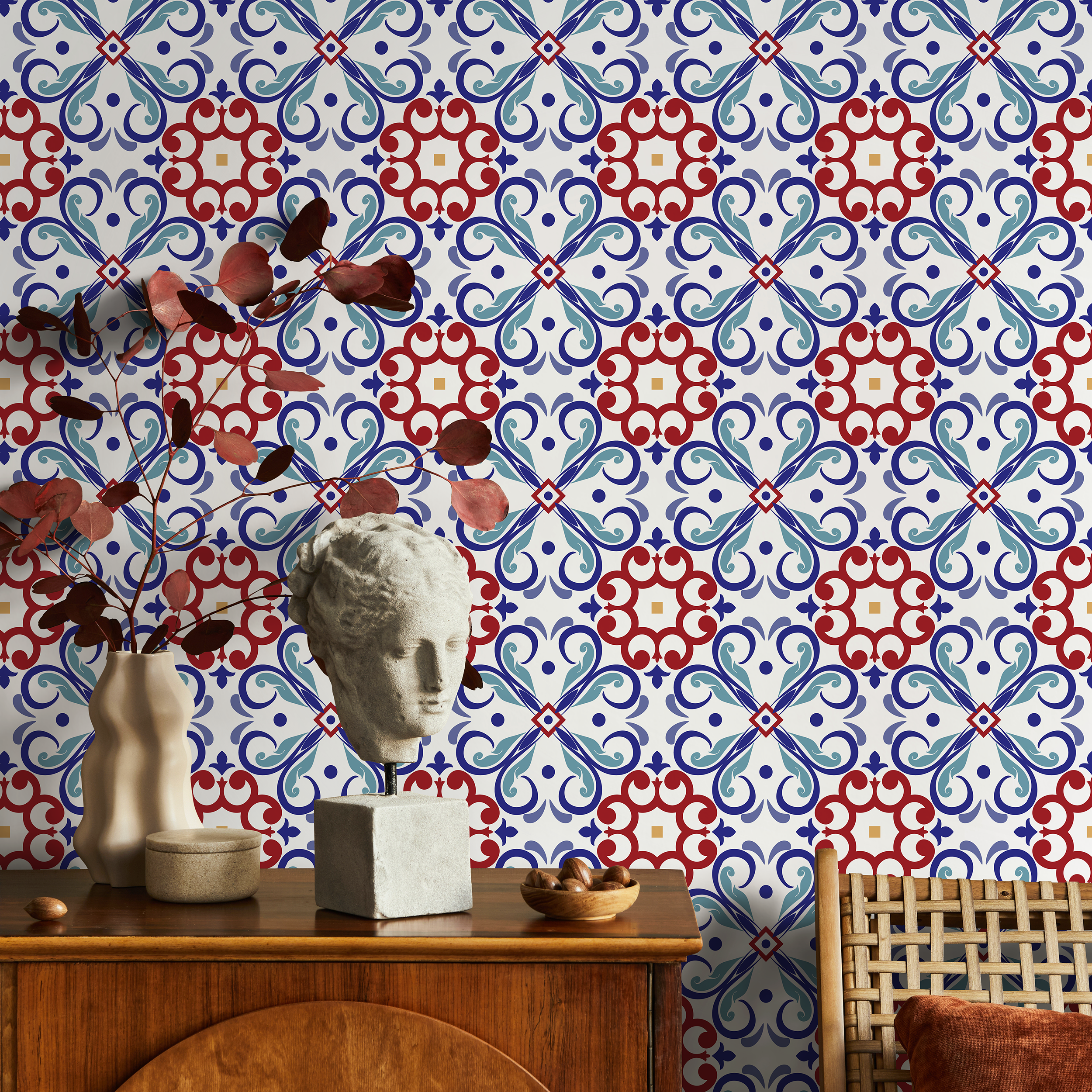 Tile Wallpaper With A Mediterranean Inspired Motif In Red, Blue, And Yellow - B827