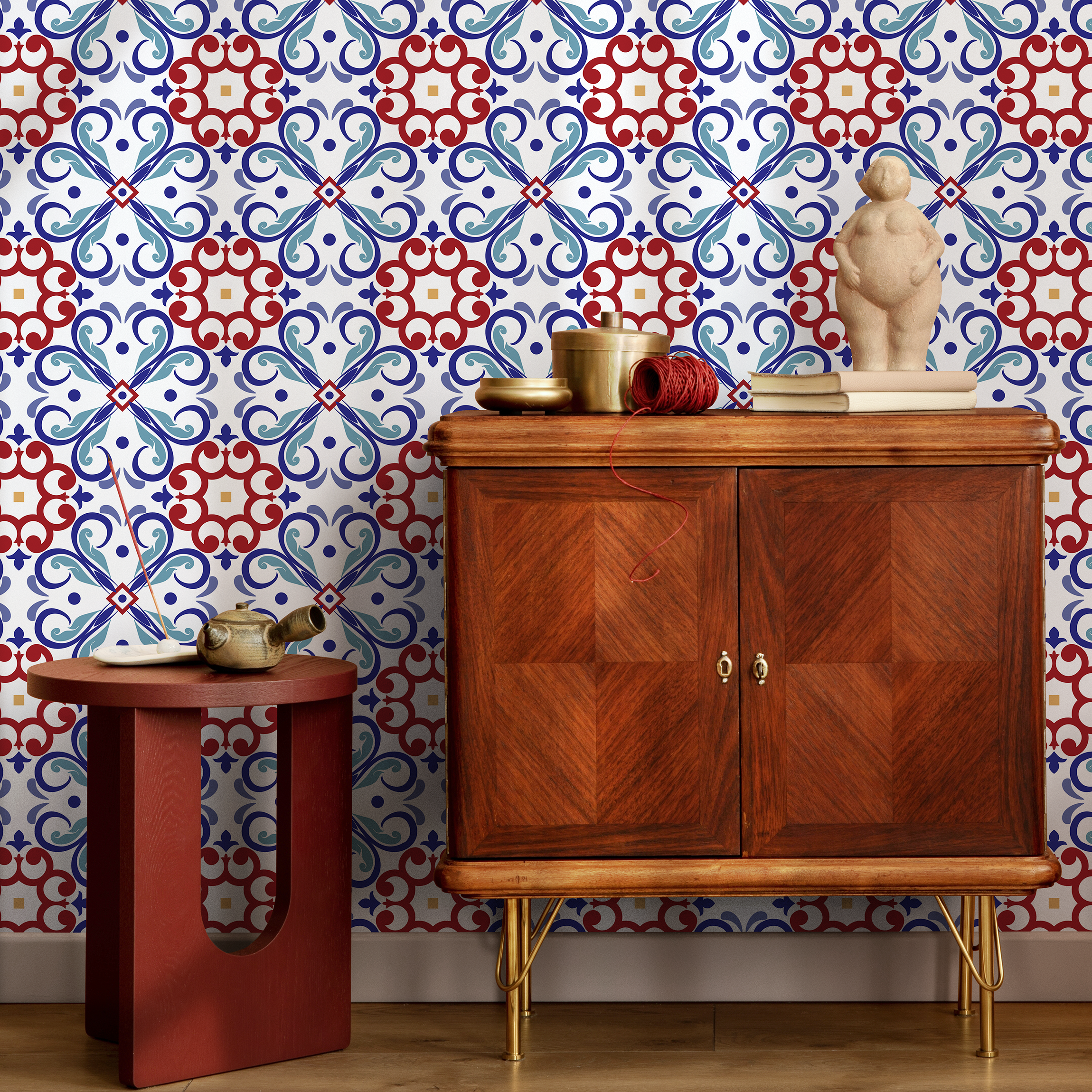 Tile Wallpaper With A Mediterranean Inspired Motif In Red, Blue, And Yellow - B827