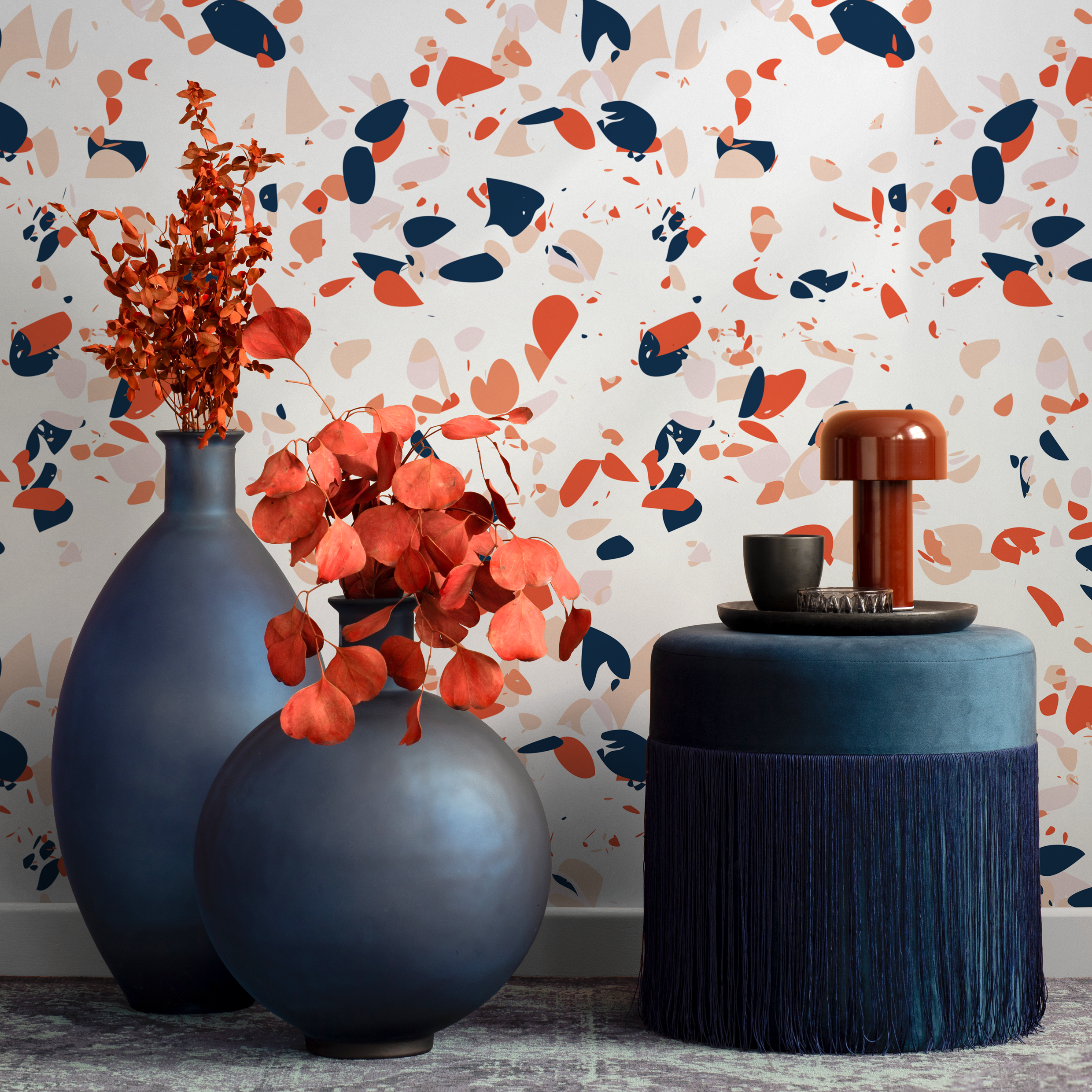 Terrazzo Wallpaper With Abstract Chips In Orange, Blue, And Pink - B828