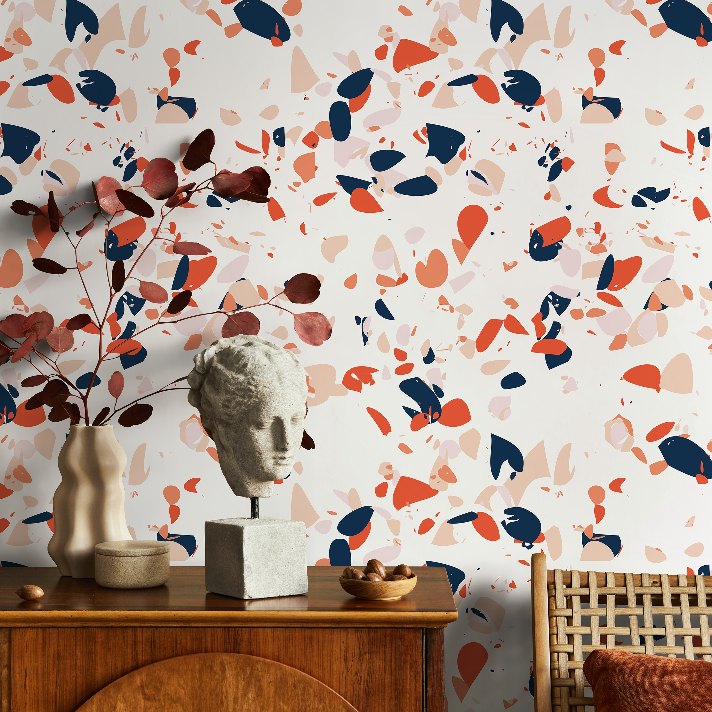 Terrazzo Wallpaper With Abstract Chips In Orange, Blue, And Pink - B828