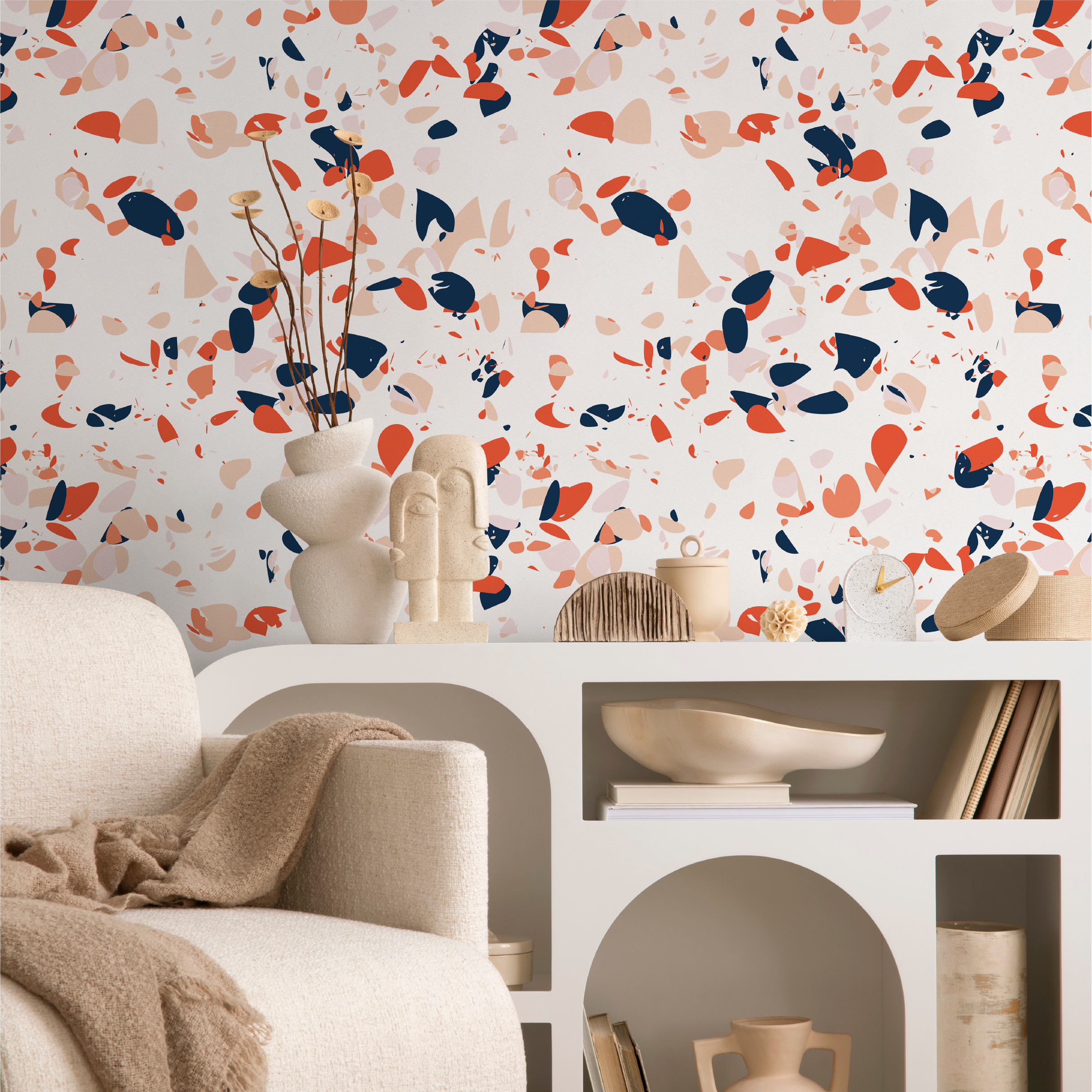 Terrazzo Wallpaper With Abstract Chips In Orange, Blue, And Pink - B828