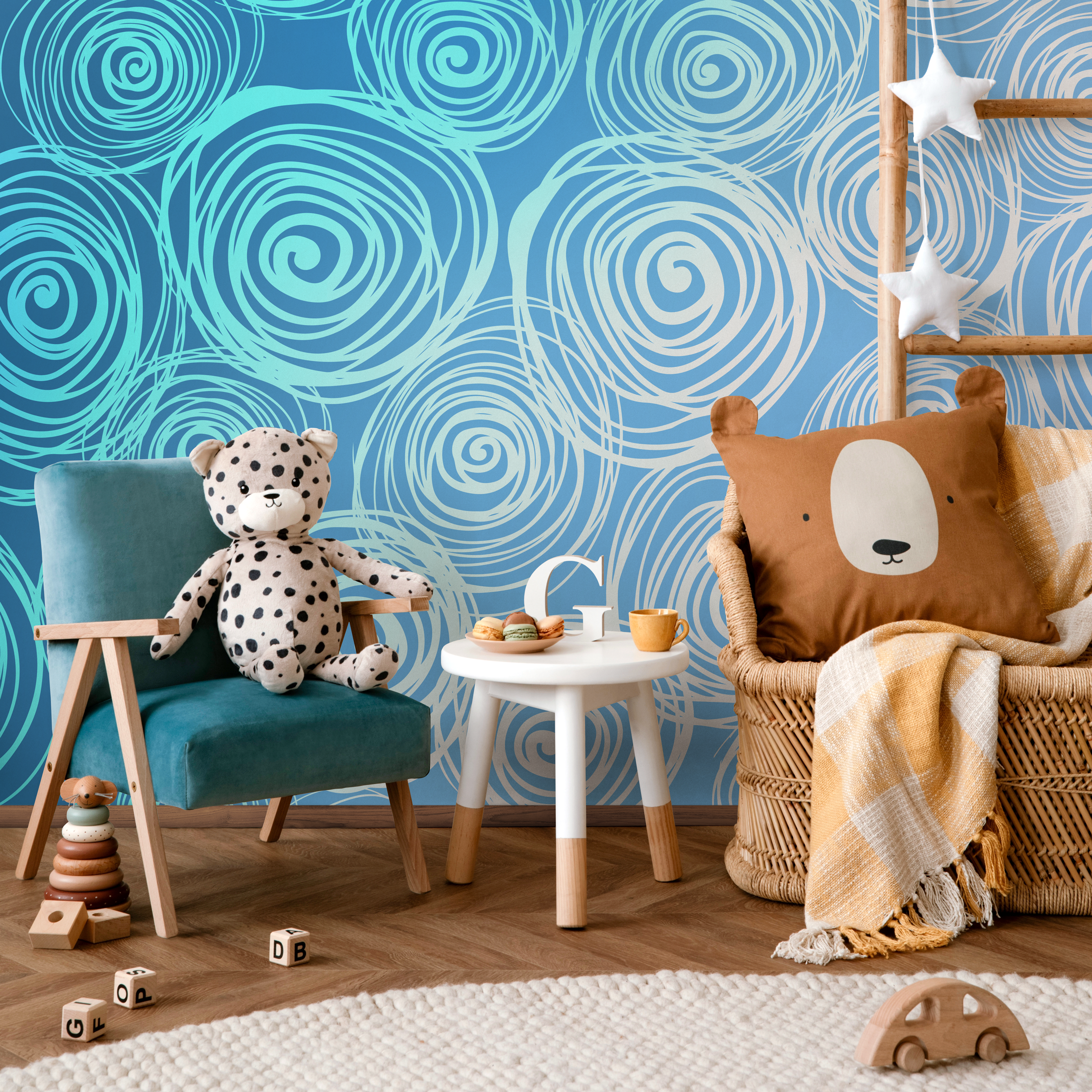 Abstract Wallpaper With Hand-drawn Swirls In Blue And White - B829
