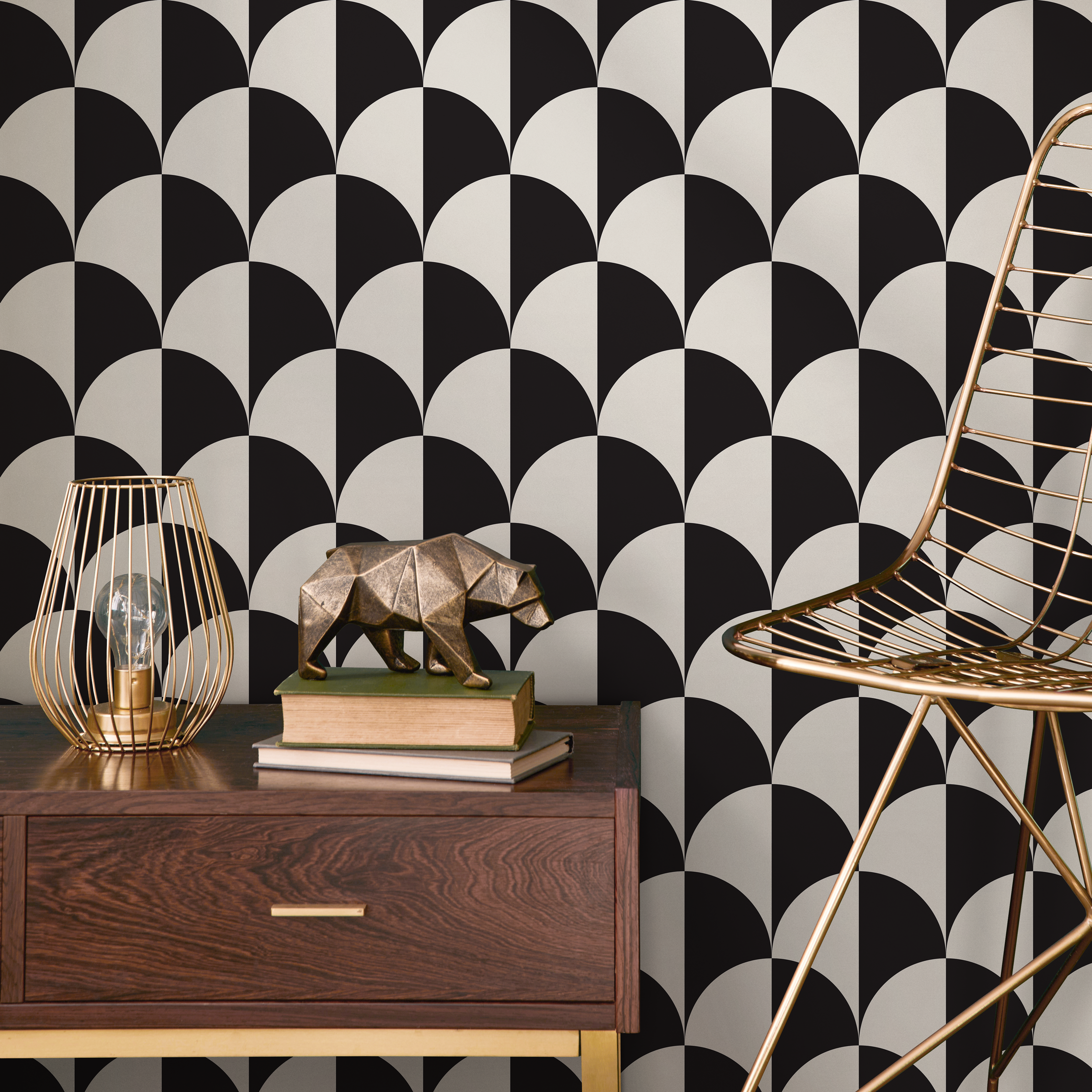 Geometric Wallpaper With A Repeating Half-moon Motif In Black And Cream - B830