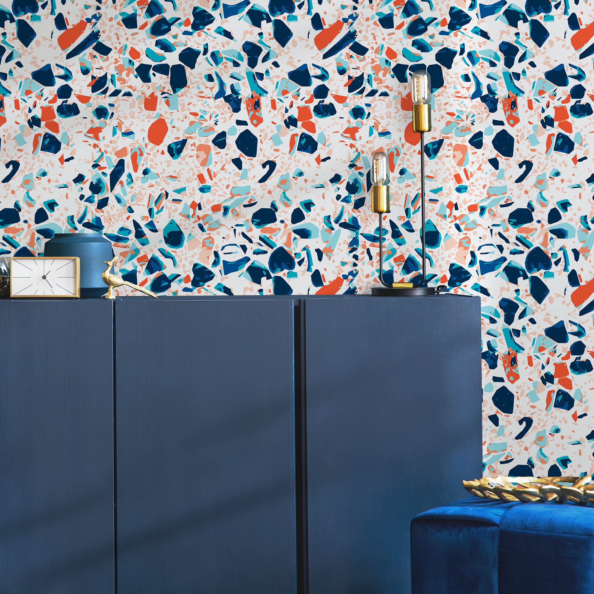 Terrazzo Wallpaper With Colorful Fragments In Blue And Orange - B832