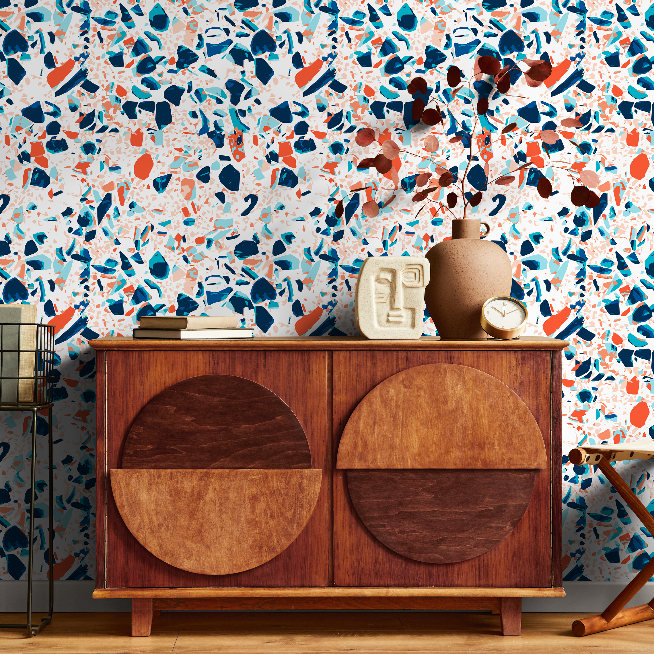 Terrazzo Wallpaper With Colorful Fragments In Blue And Orange - B832