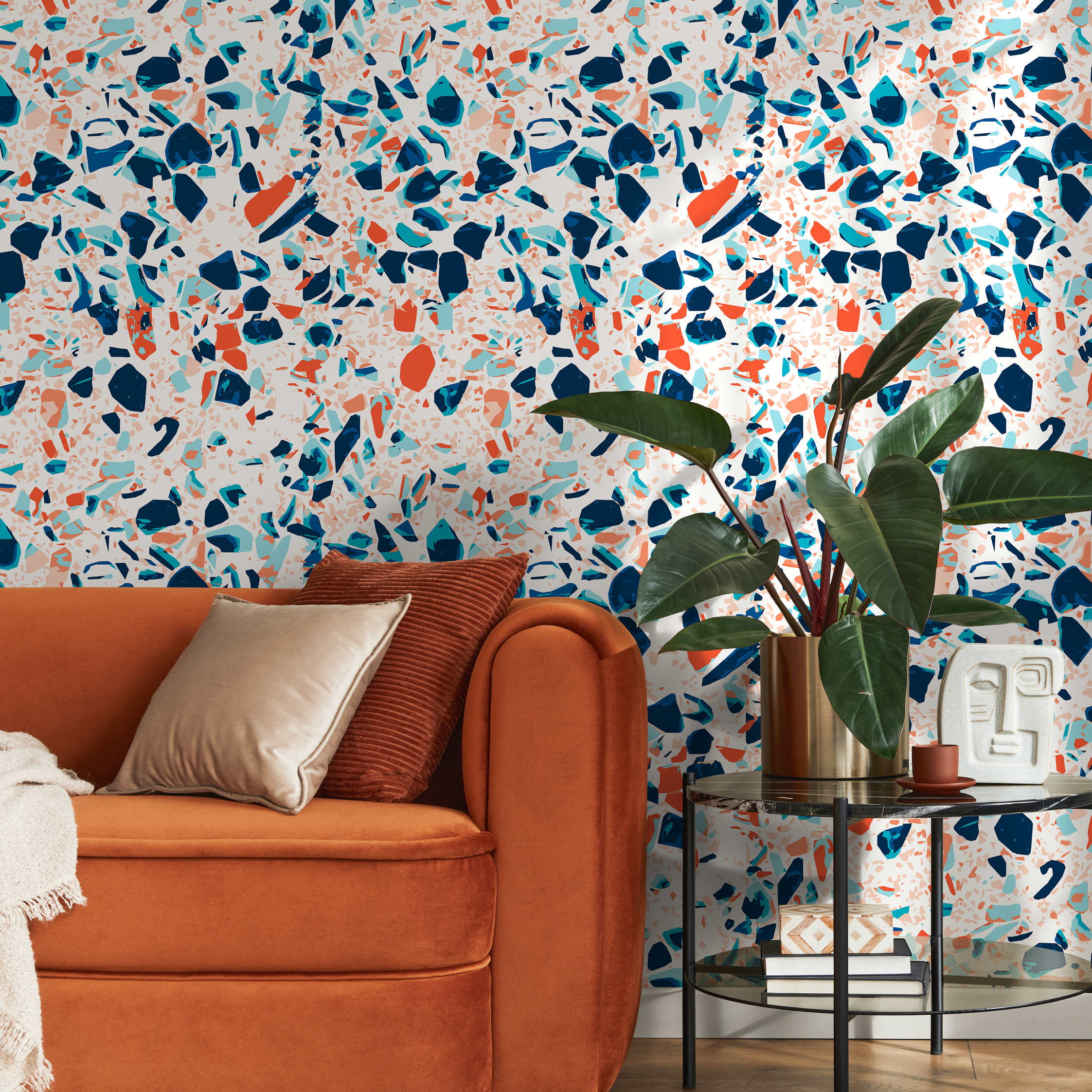 Terrazzo Wallpaper With Colorful Fragments In Blue And Orange - B832