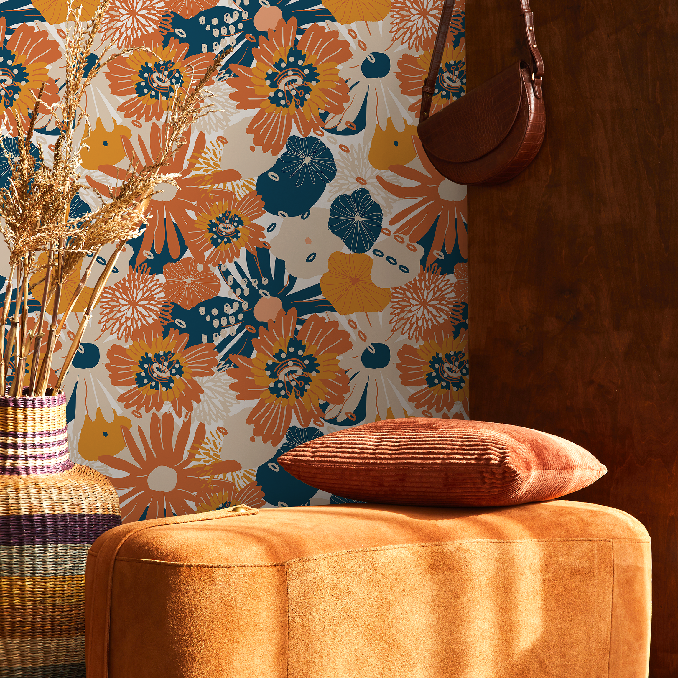 Retro Floral Wallpaper With Stylized Blooms In Orange, Blue, And Yellow - B835