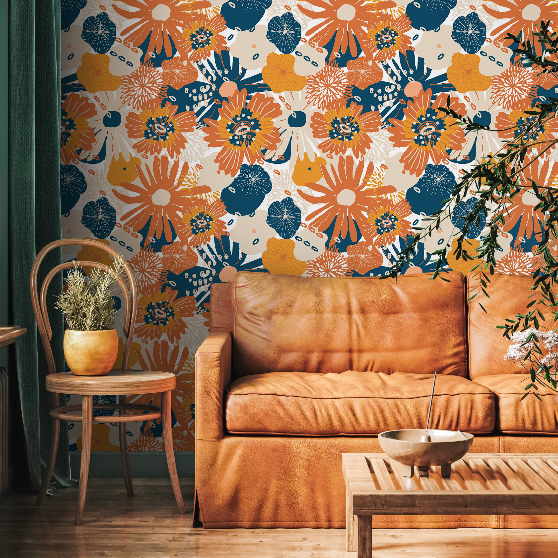 Retro Floral Wallpaper With Stylized Blooms In Orange, Blue, And Yellow - B835