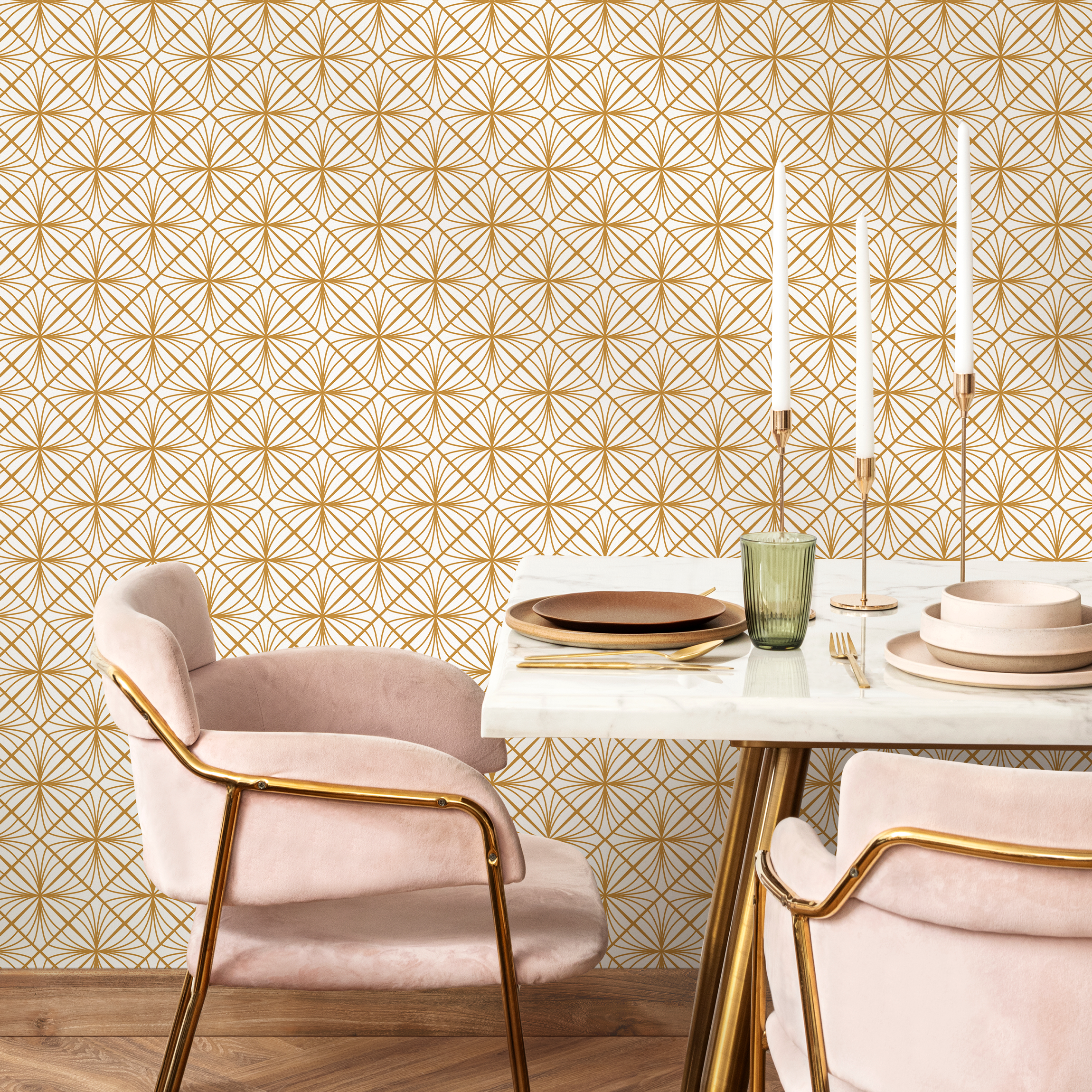 Art Deco Wallpaper With An Elegant Fan Motif In Gold - B836