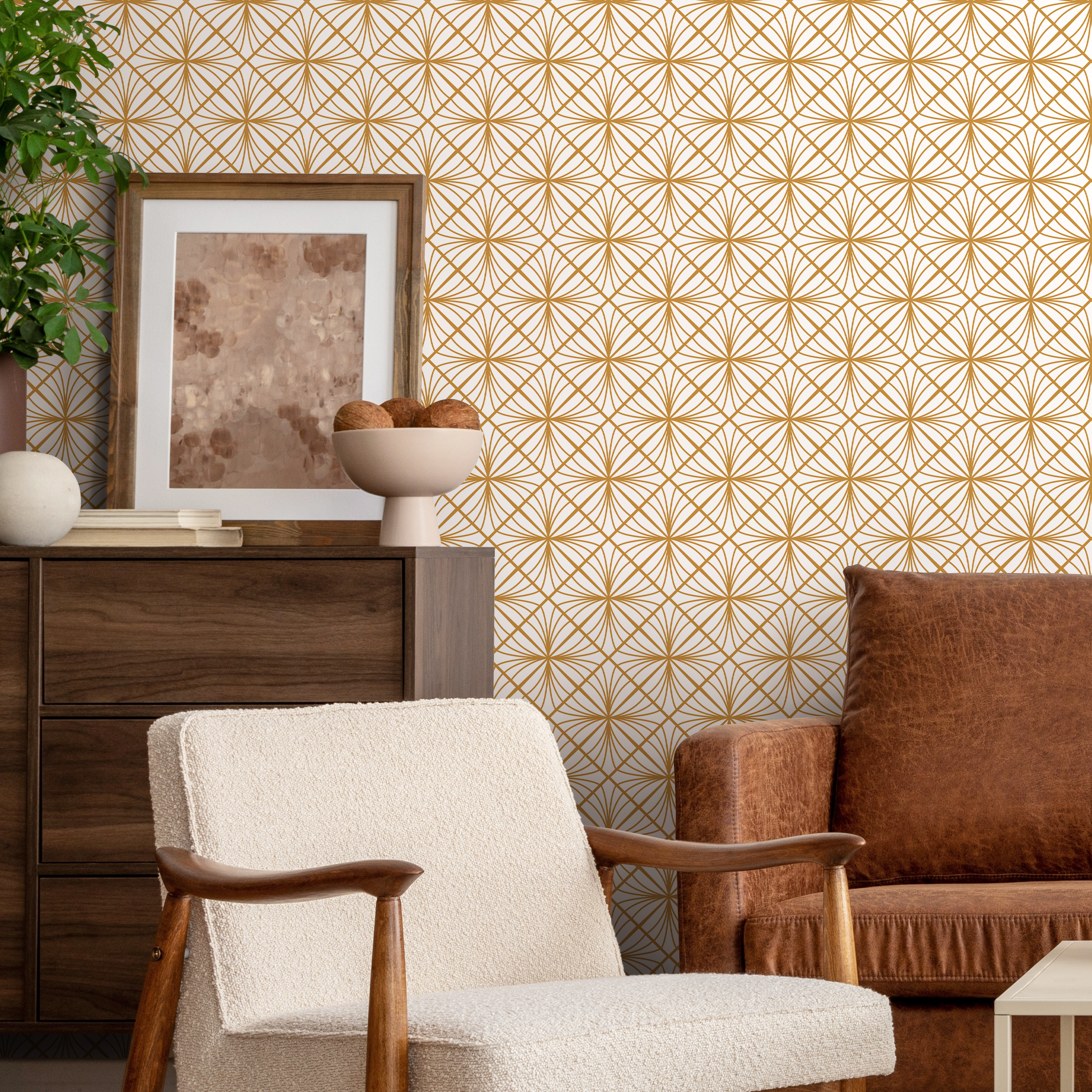 Art Deco Wallpaper With An Elegant Fan Motif In Gold - B836