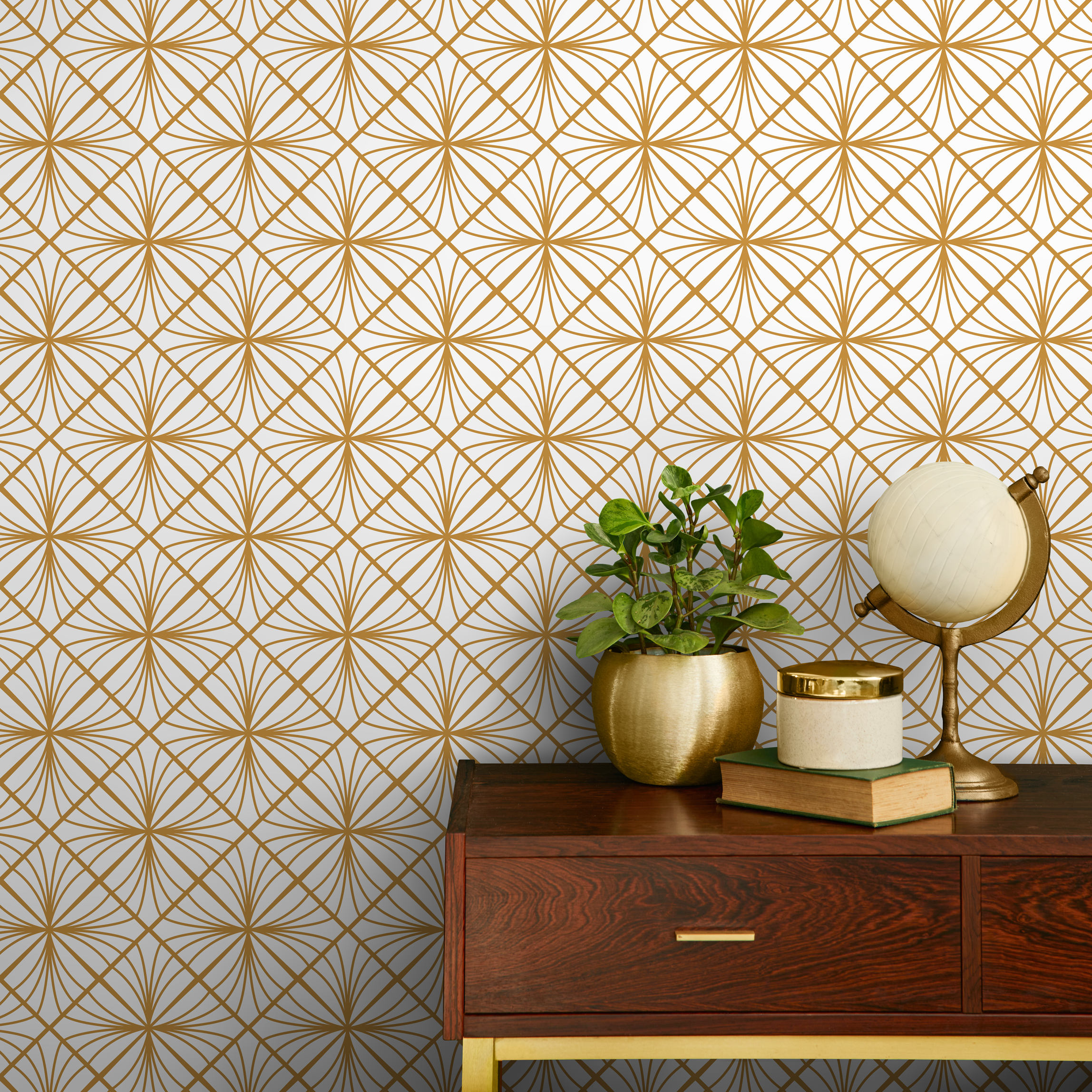 Art Deco Wallpaper With An Elegant Fan Motif In Gold - B836