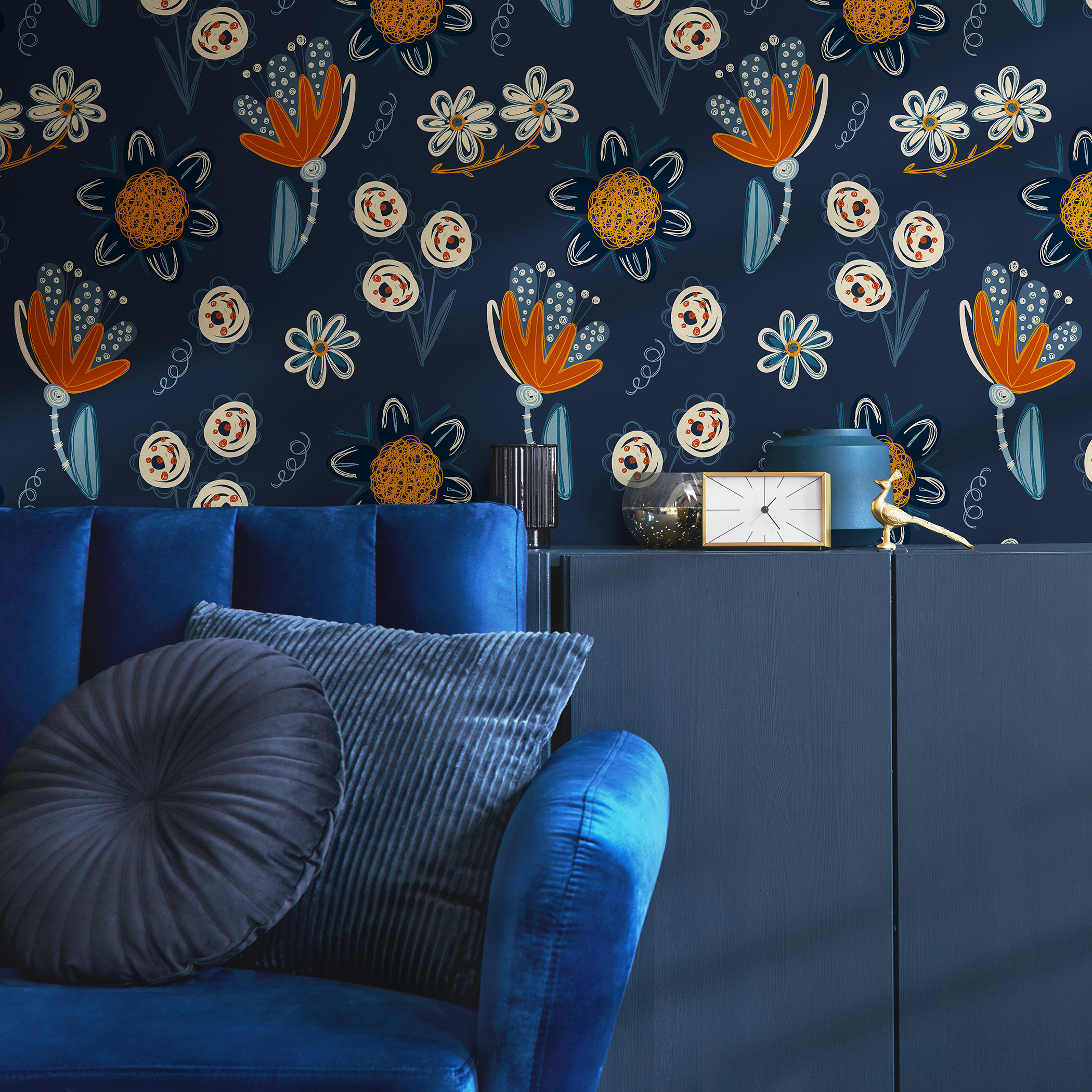 Floral Wallpaper Featuring Whimsical Blooms In Navy And Orange - B840