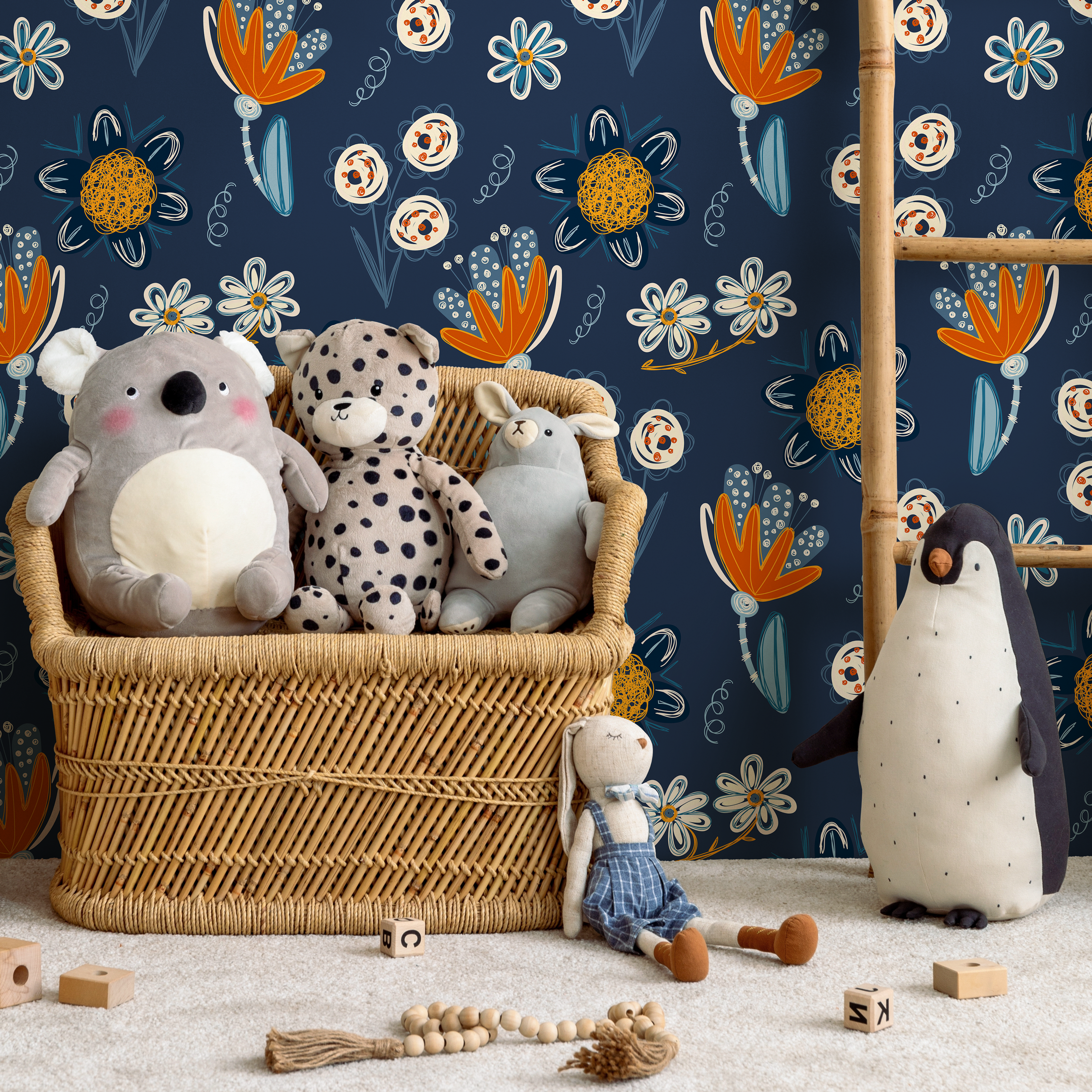 Floral Wallpaper Featuring Whimsical Blooms In Navy And Orange - B840